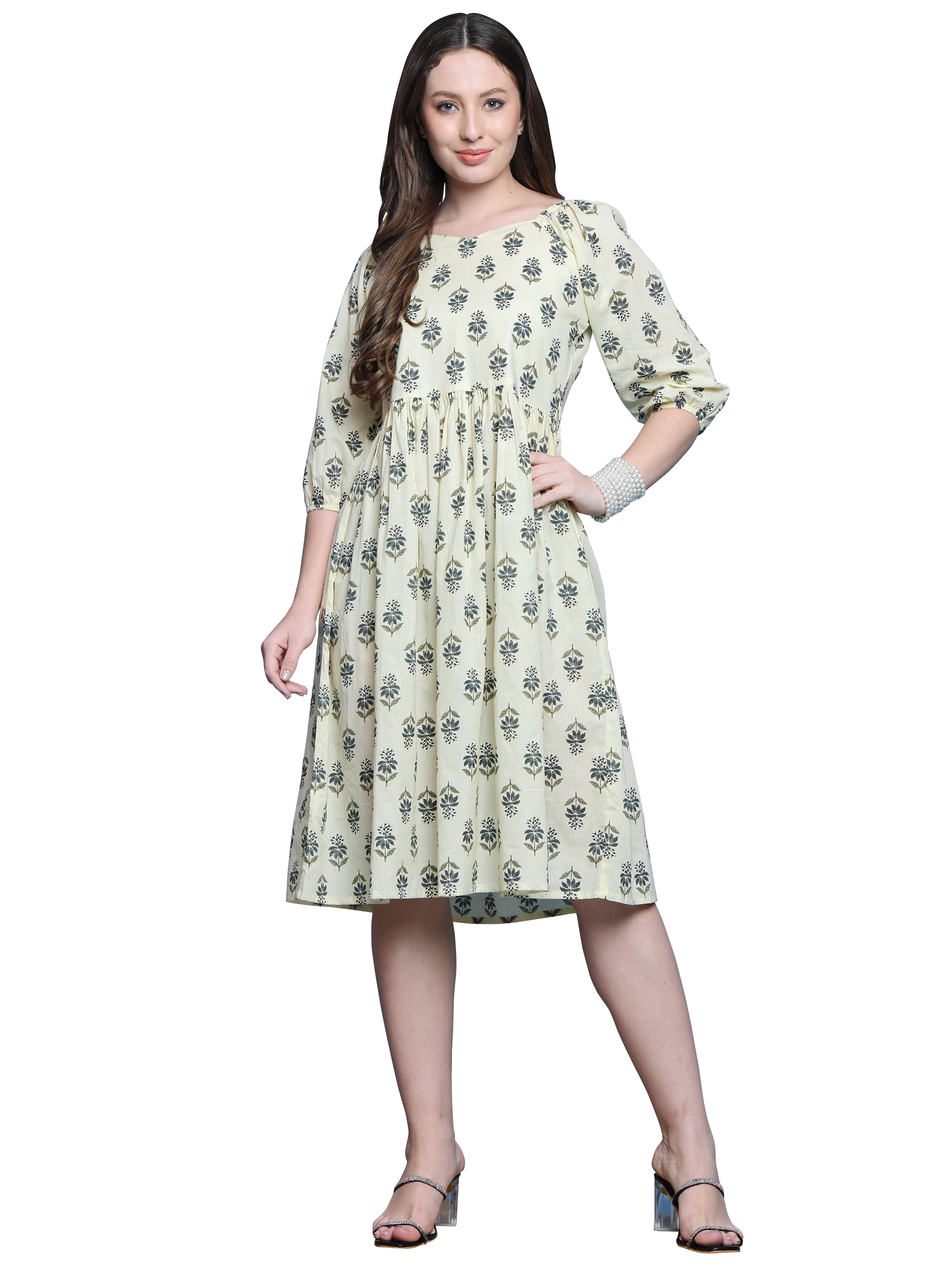     			wonder weave Women Cotton Printed A-line Dress ( Off White )