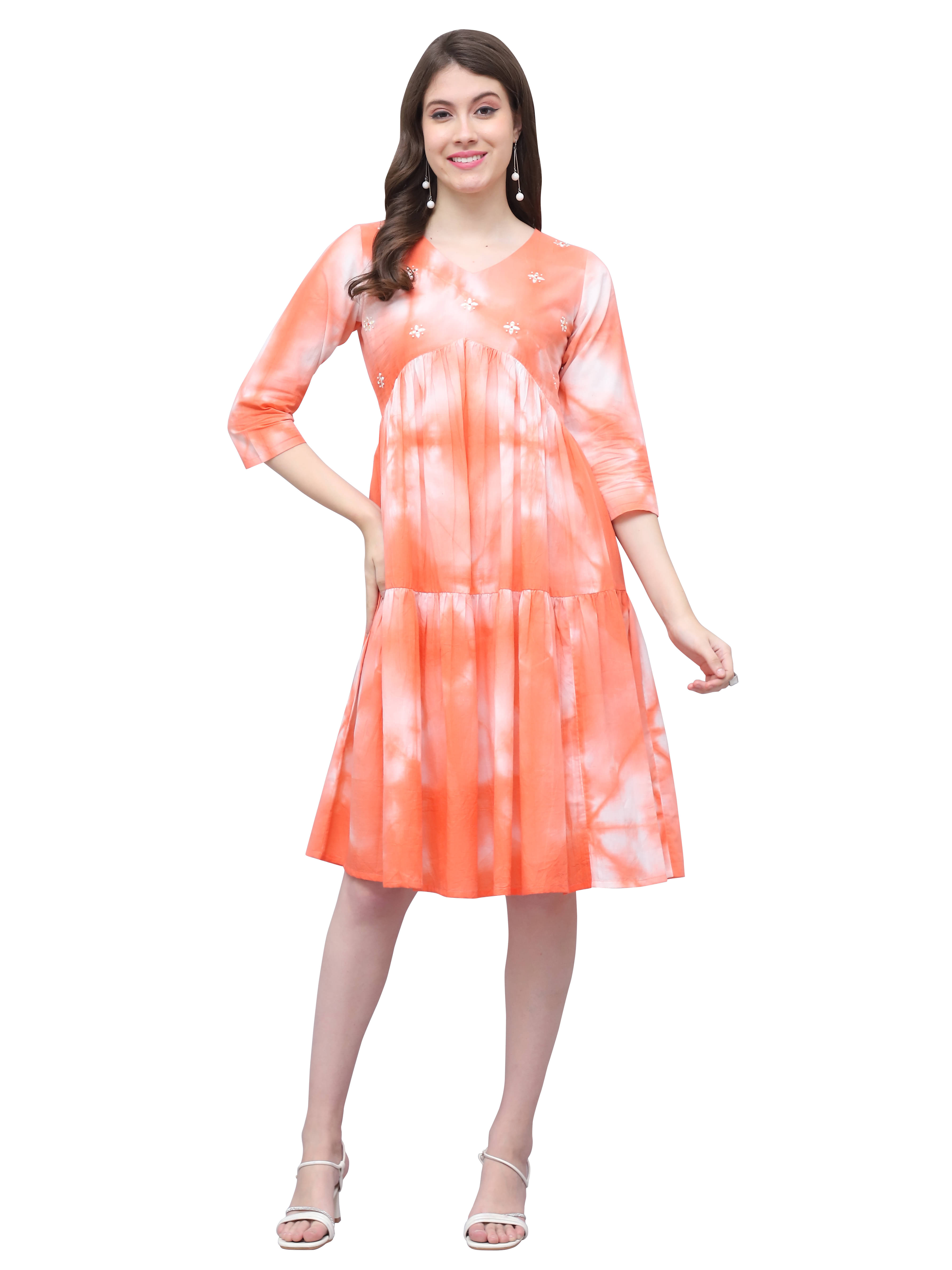     			wonder weave Women Cotton Printed A-line Dress ( Orange )