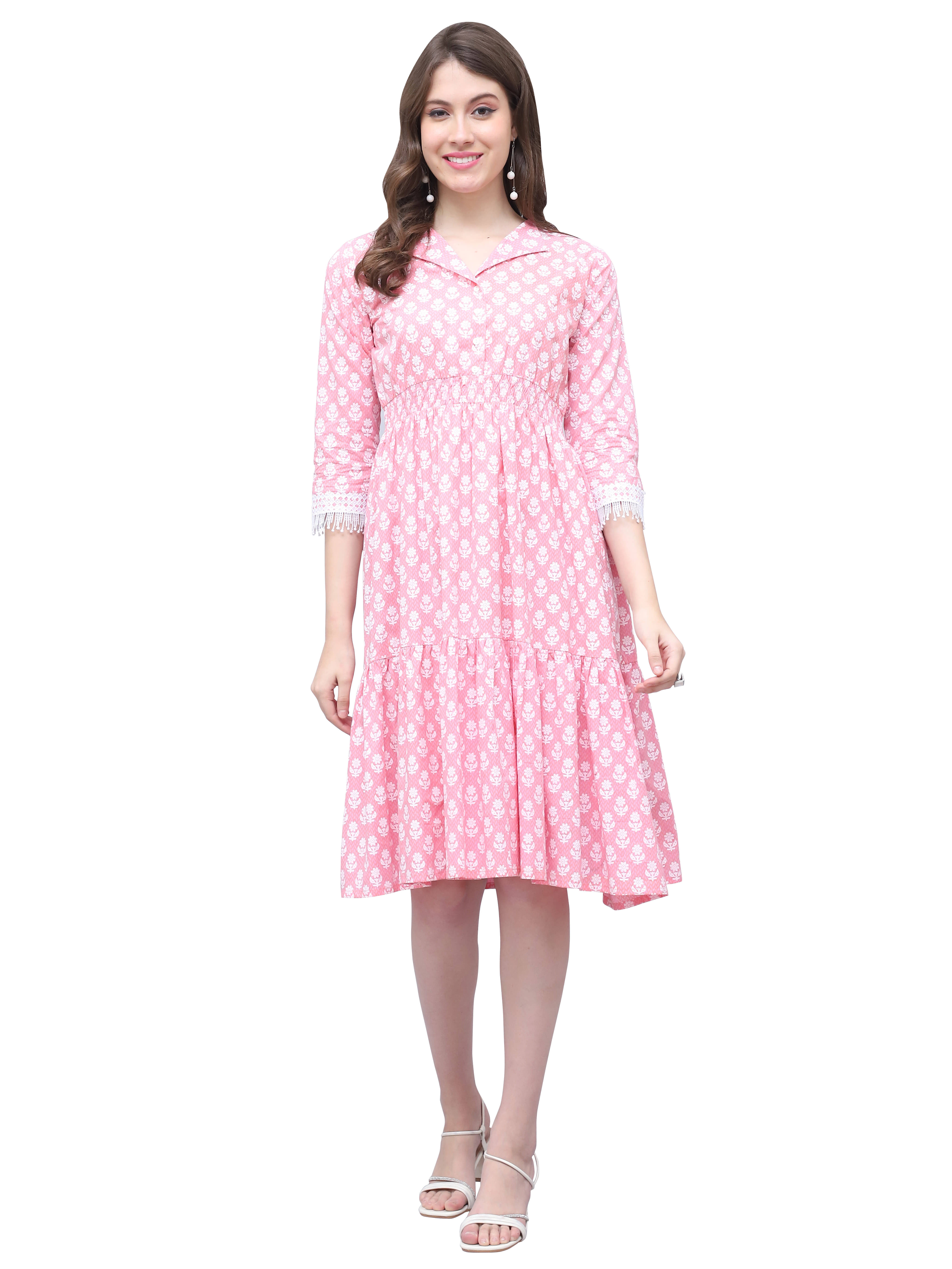     			wonder weave Women Cotton Printed A-line Dress ( Pink )