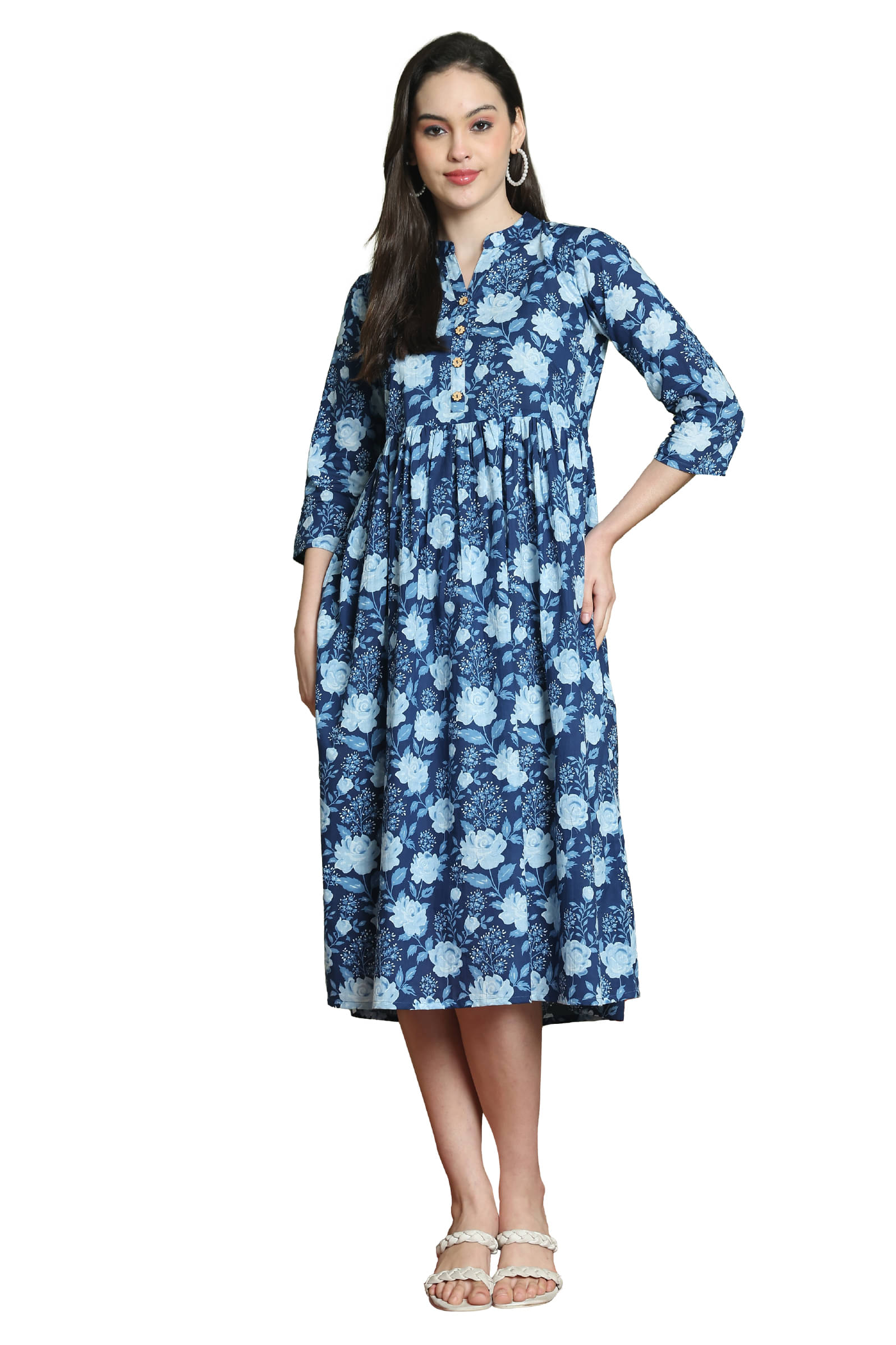     			wonder weave Women Cotton Printed A-line Dress ( Blue )