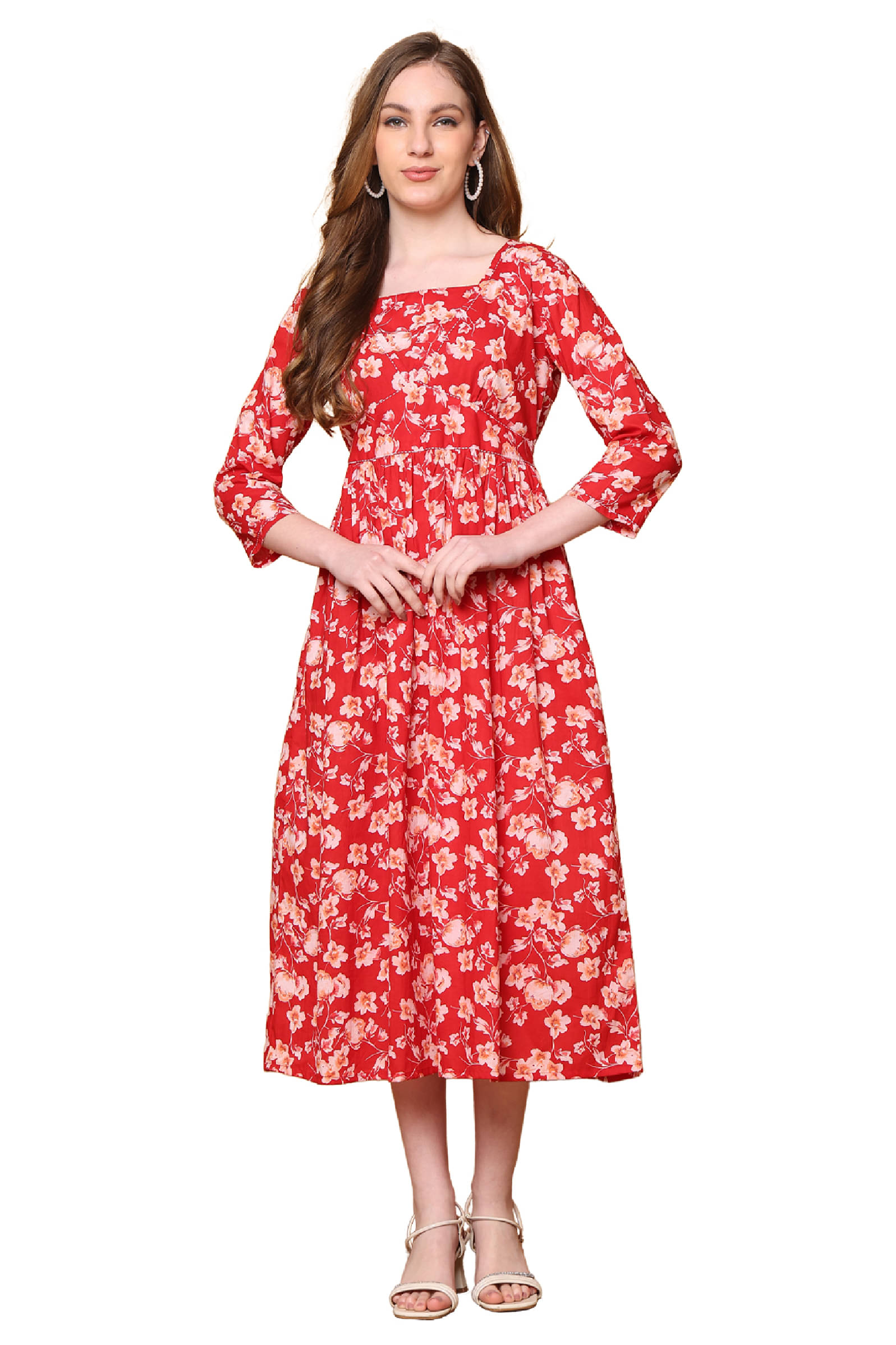 wonder weave Women Cotton Printed A-line Dress ( Red )     			wonder weave Women Cotton Printed A-line Dress ( Red )