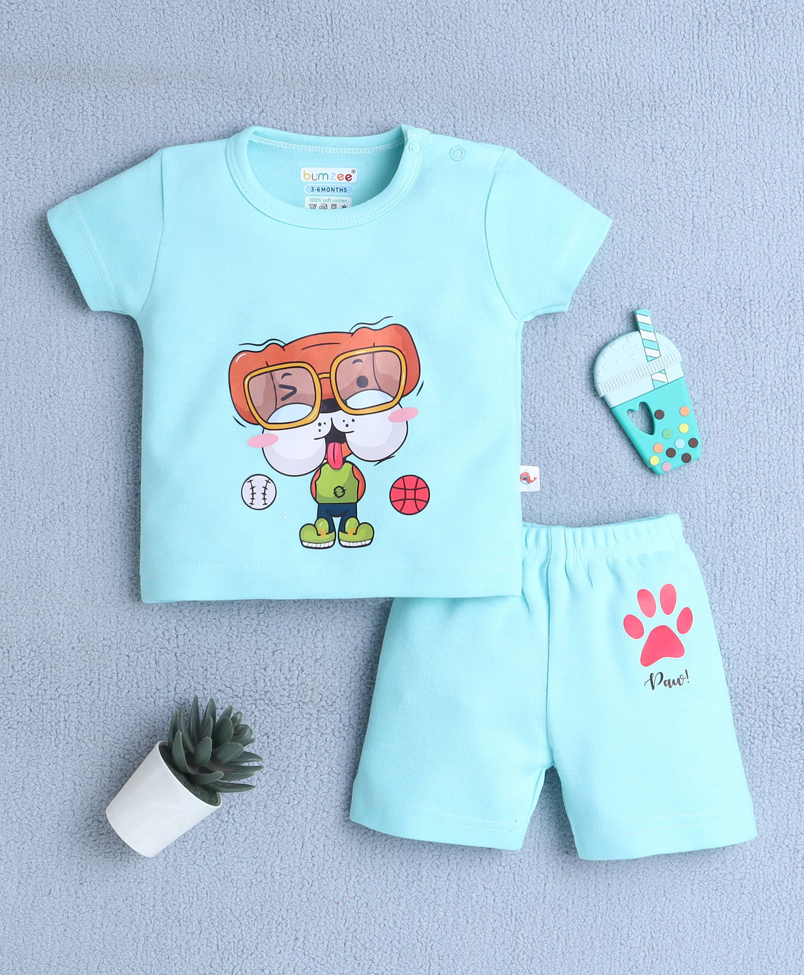 BUMZEE Pack of 1 Baby Boys Cotton T-Shirt & Shorts Set ( Mint Green )     			BUMZEE Pack of 1 Baby Boys Cotton T-Shirt & Shorts Set ( Mint Green )