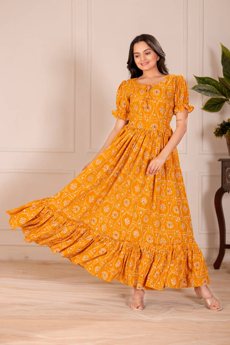 FANCY FLAIR Women Crepe Printed Ethnic Dress ( Gold ) FANCY FLAIR Women Crepe Printed Ethnic Dress ( Gold )