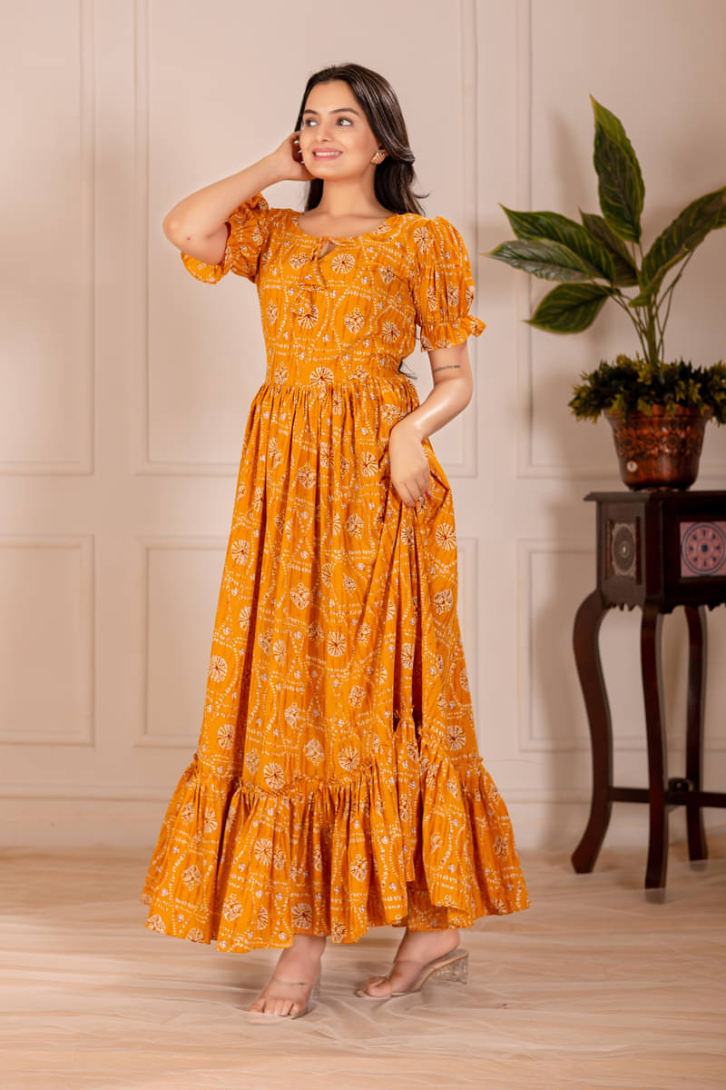 FANCY FLAIR Women Crepe Printed Ethnic Dress ( Gold ) FANCY FLAIR Women Crepe Printed Ethnic Dress ( Gold )