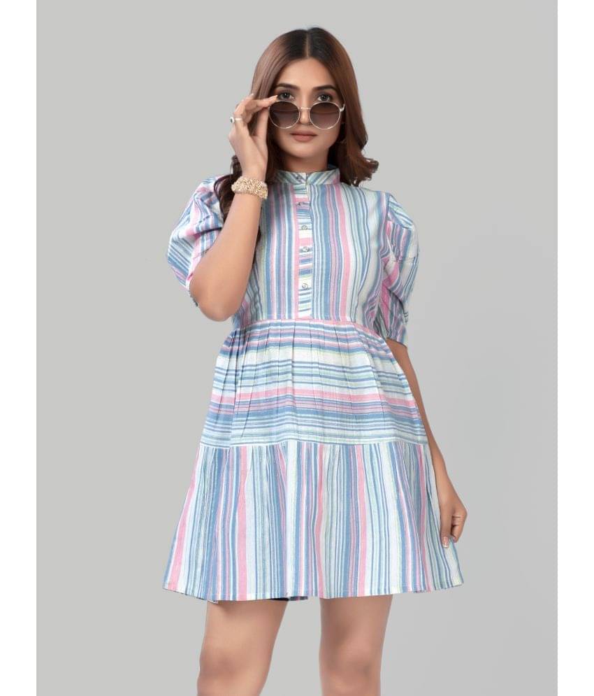 Hemang Fashion Women Cotton Striped Fit & Flare Dress ( Blue ) Hemang Fashion Women Cotton Striped Fit & Flare Dress ( Blue )