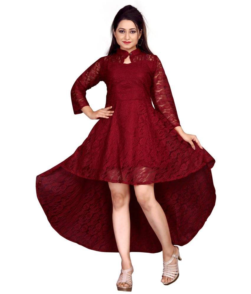     			Hemang Fashion Women Net Self Design Asymmetric Dress ( Maroon )