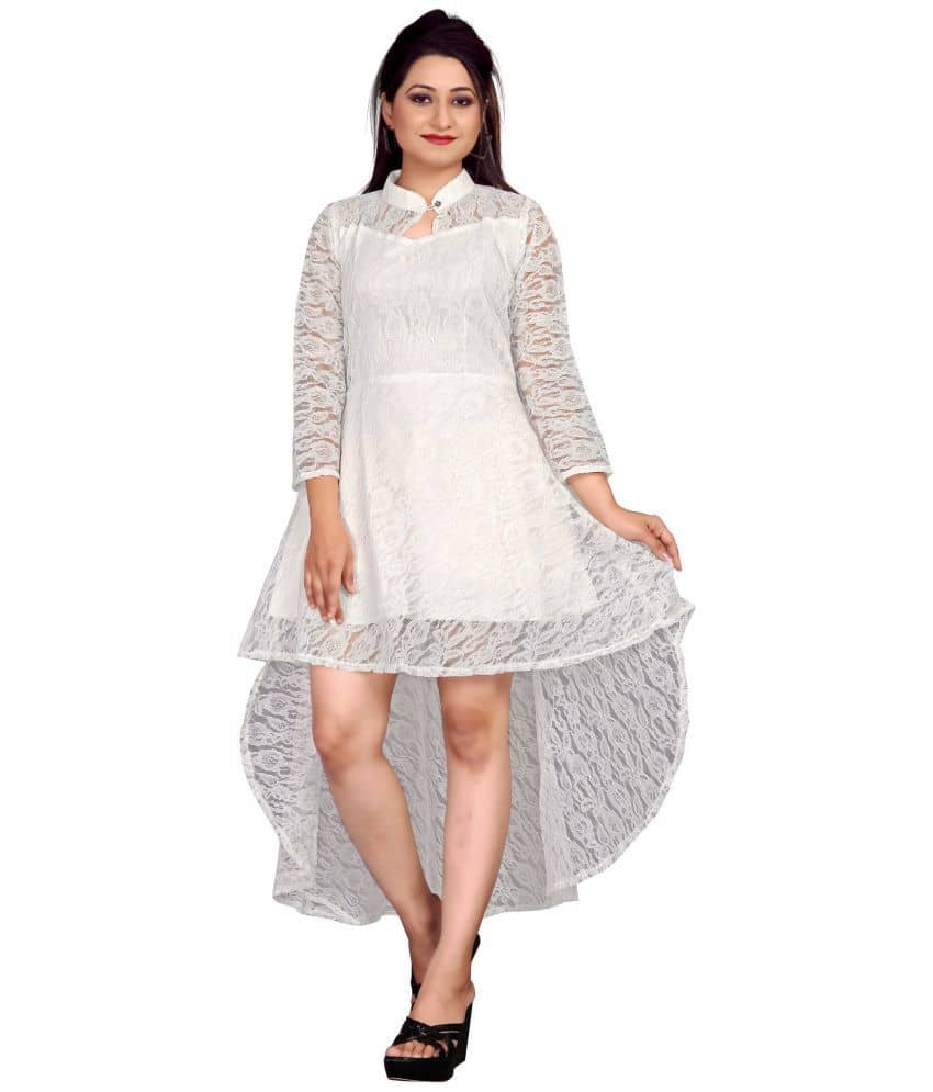 Hemang Fashion Women Net Self Design Asymmetric Dress ( White )