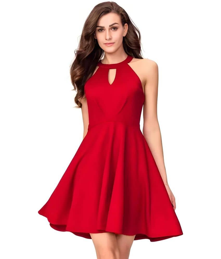 Hemang Fashion Women Polyester Solid Fit & Flare Dress ( Red )