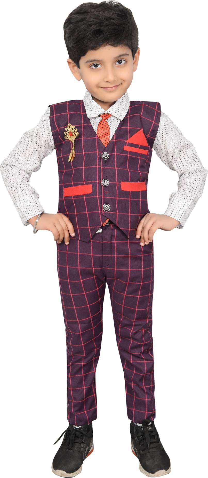     			LITTLE MEOW Boys Cotton Blend Big Checks - Pattern Kurta Pant Set ( Purple , Pack of 1 )