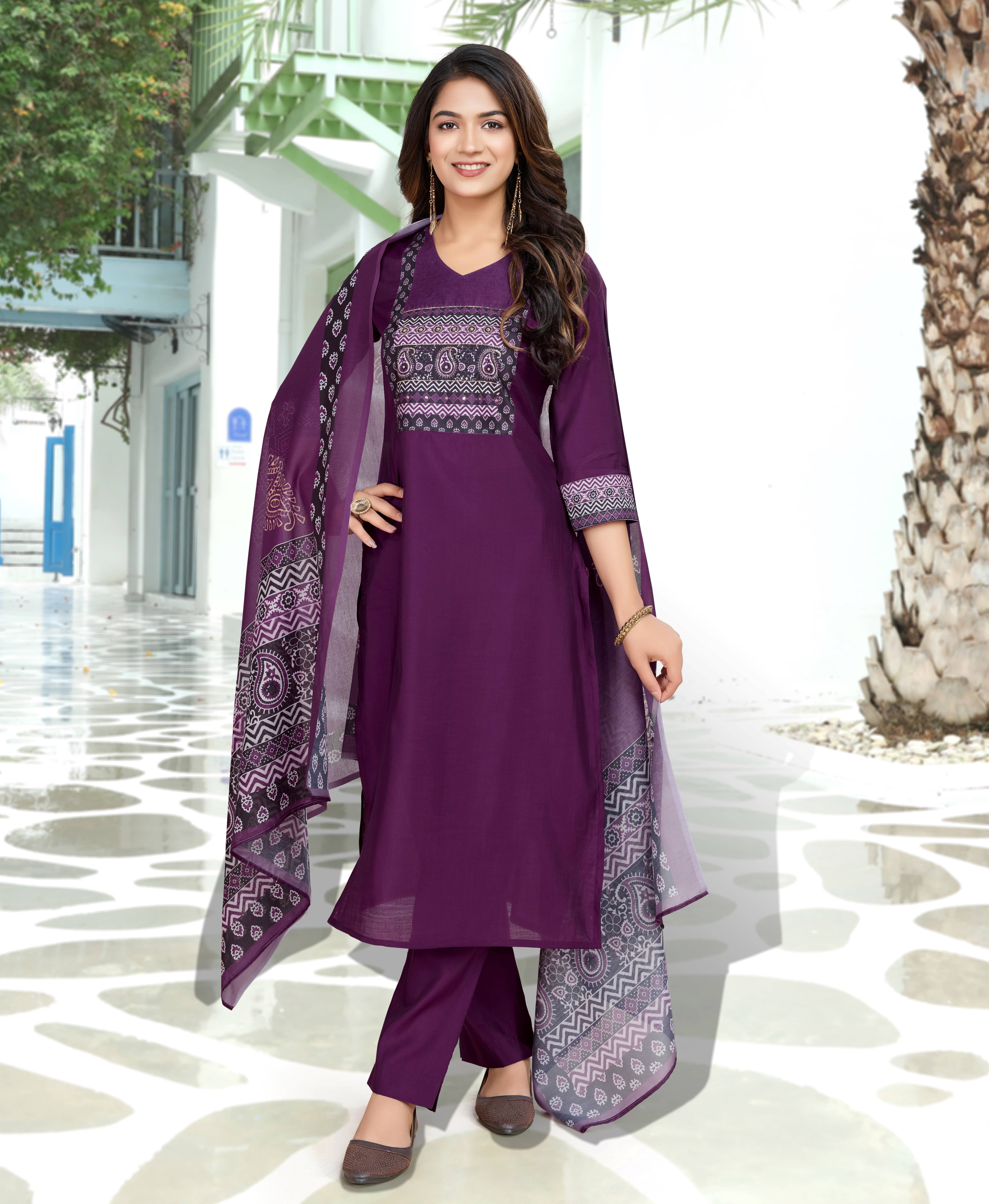     			MOJILAA Women Viscose Printed Straight Kurti With Pants ( Purple )