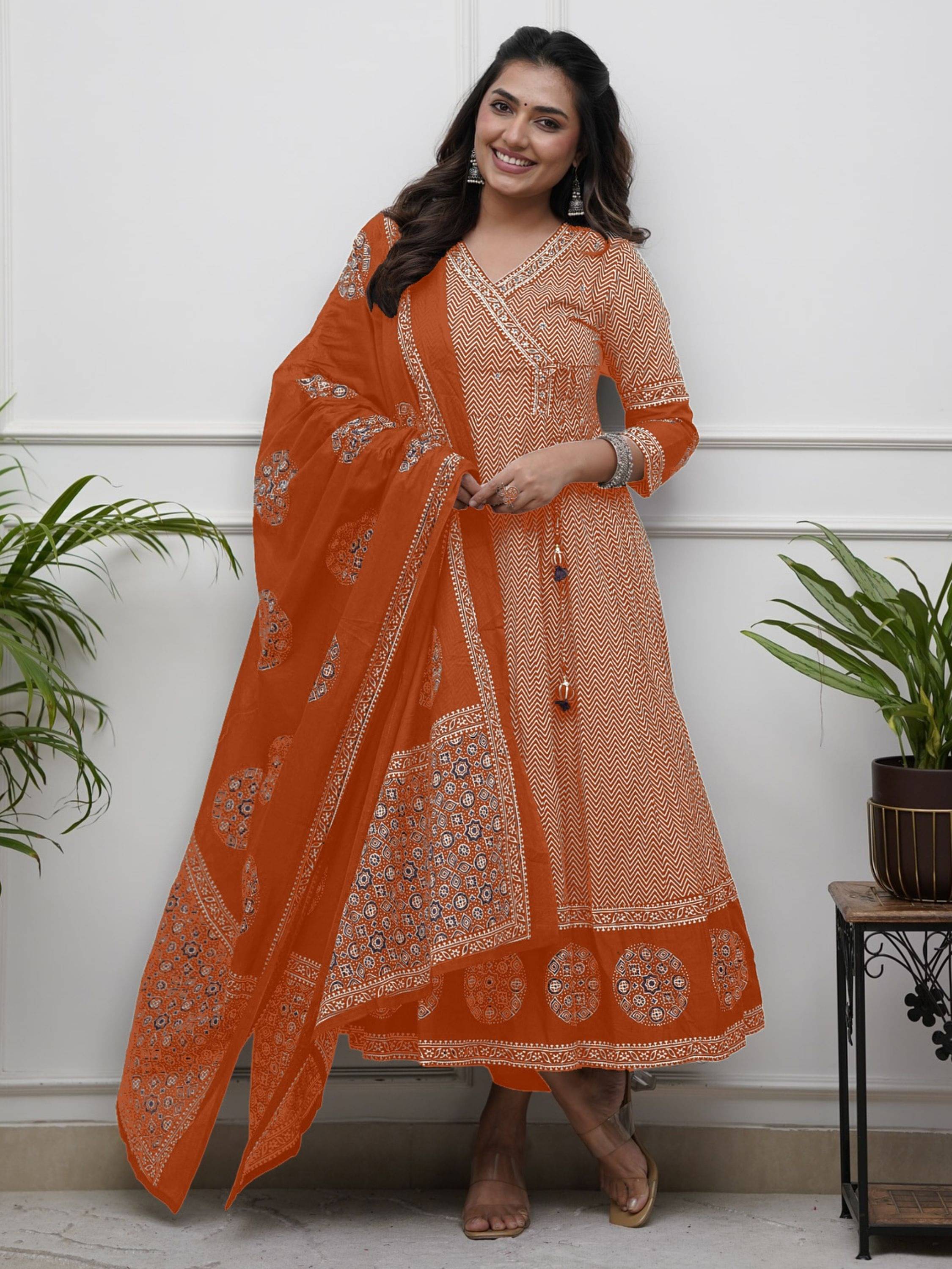 Niza Fashion Women Cotton Printed Angrakha Kurti With Pants ( Orange ) Niza Fashion Women Cotton Printed Angrakha Kurti With Pants ( Orange )