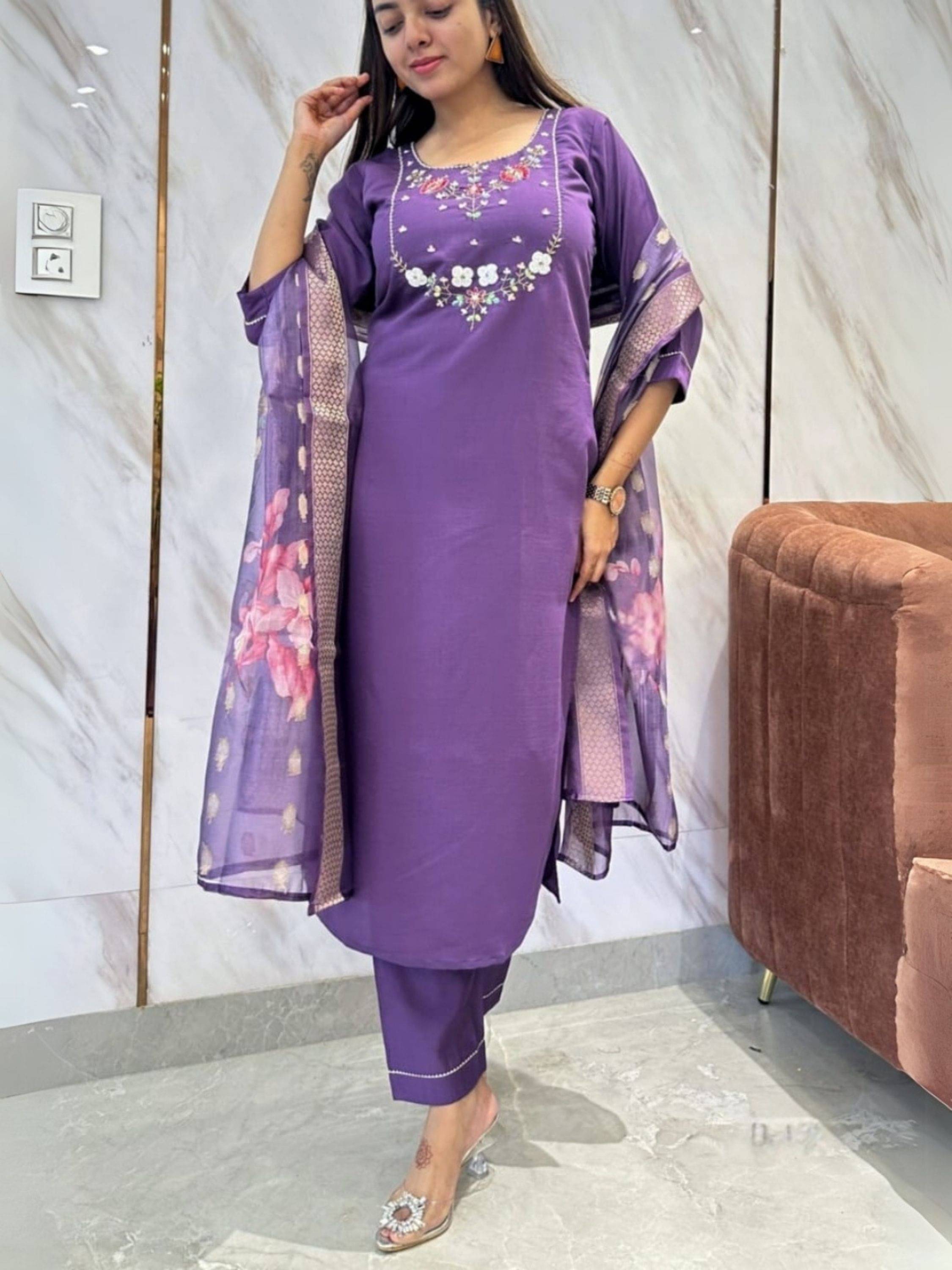 Niza Fashion Women Viscose Embroidered Straight Kurti With Pants ( Purple ) Niza Fashion Women Viscose Embroidered Straight Kurti With Pants ( Purple )