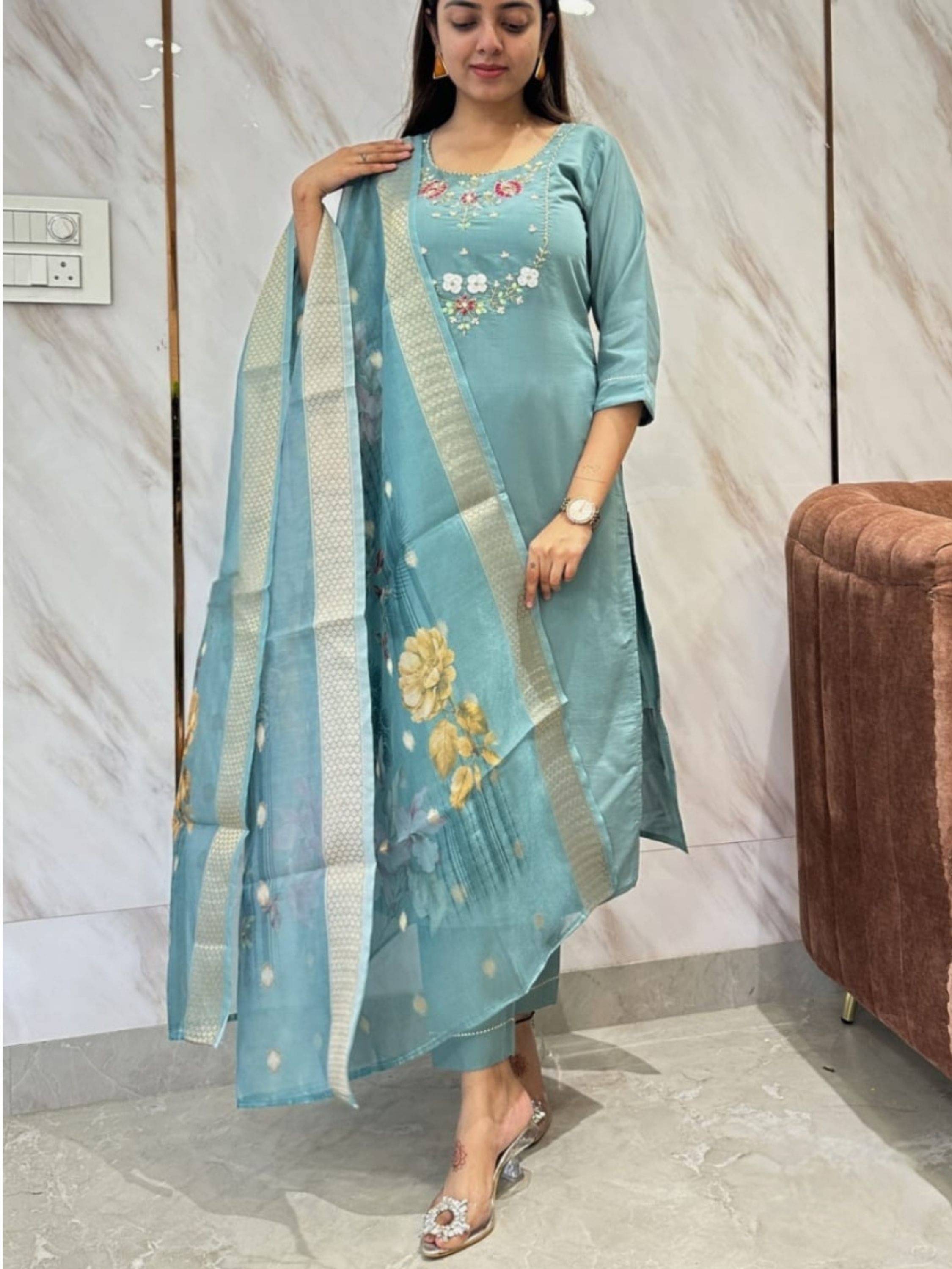 Niza Fashion Women Viscose Embroidered Straight Kurti With Pants ( Blue ) Niza Fashion Women Viscose Embroidered Straight Kurti With Pants ( Blue )