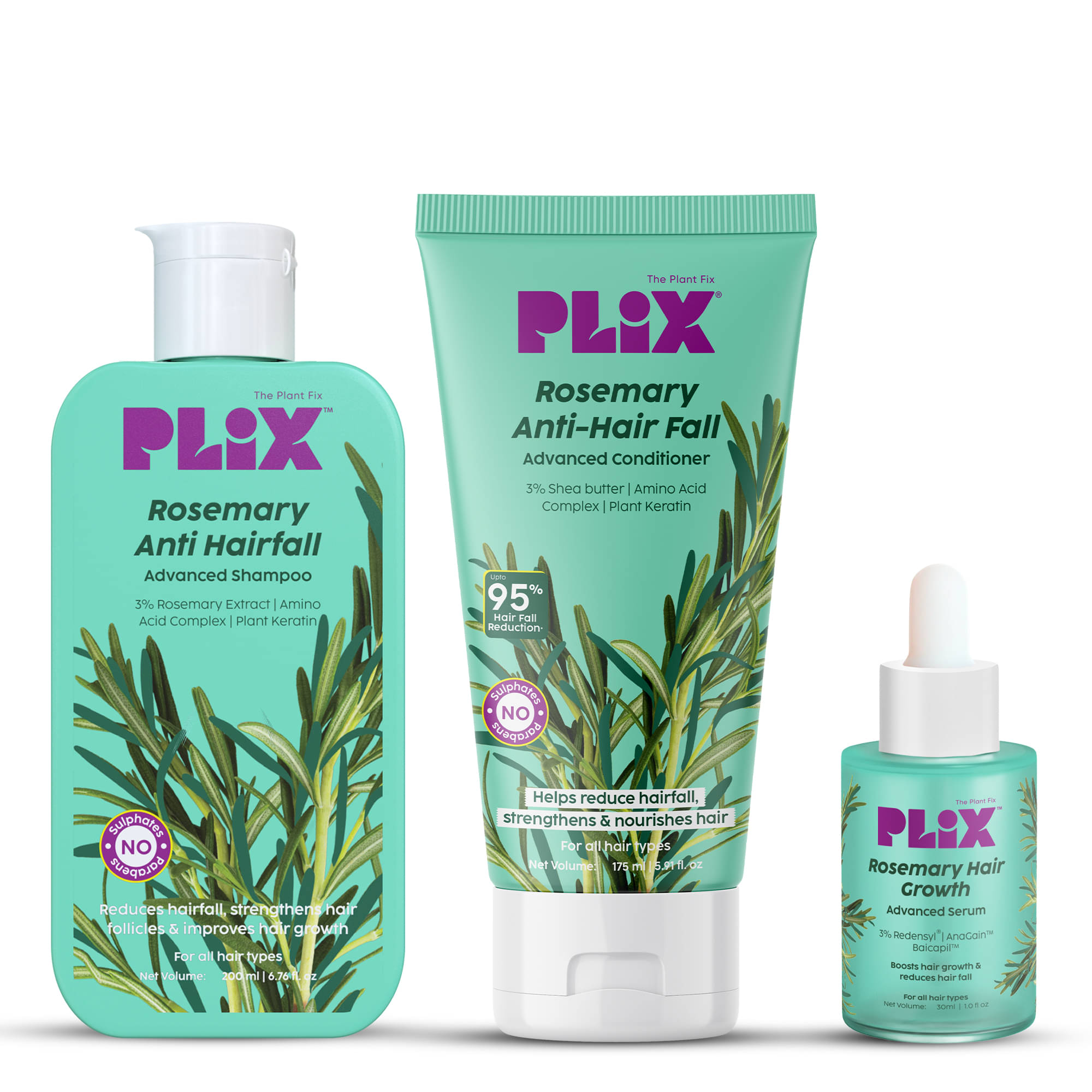 Plix Rosemary Anit-Hairfall Shampoo,Conditioner & Serum for Hair Growth 200ml+175ml+30ml (Pack of 3)     			Plix Rosemary Anit-Hairfall Shampoo,Conditioner & Serum for Hair Growth 200ml+175ml+30ml (Pack of 3)