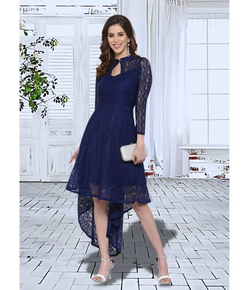 Shcon Women Net Self Design Asymmetric Dress ( Blue ) Shcon Women Net Self Design Asymmetric Dress ( Blue )