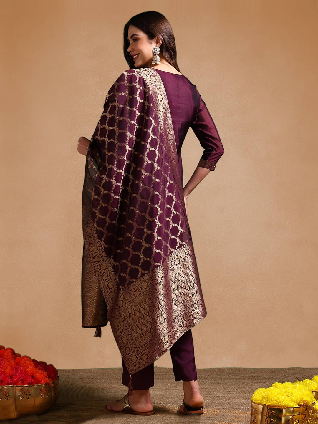 Vaamsi Women Chanderi Embellished Straight Kurti With Pants ( Purple )     			Vaamsi Women Chanderi Embellished Straight Kurti With Pants ( Purple )