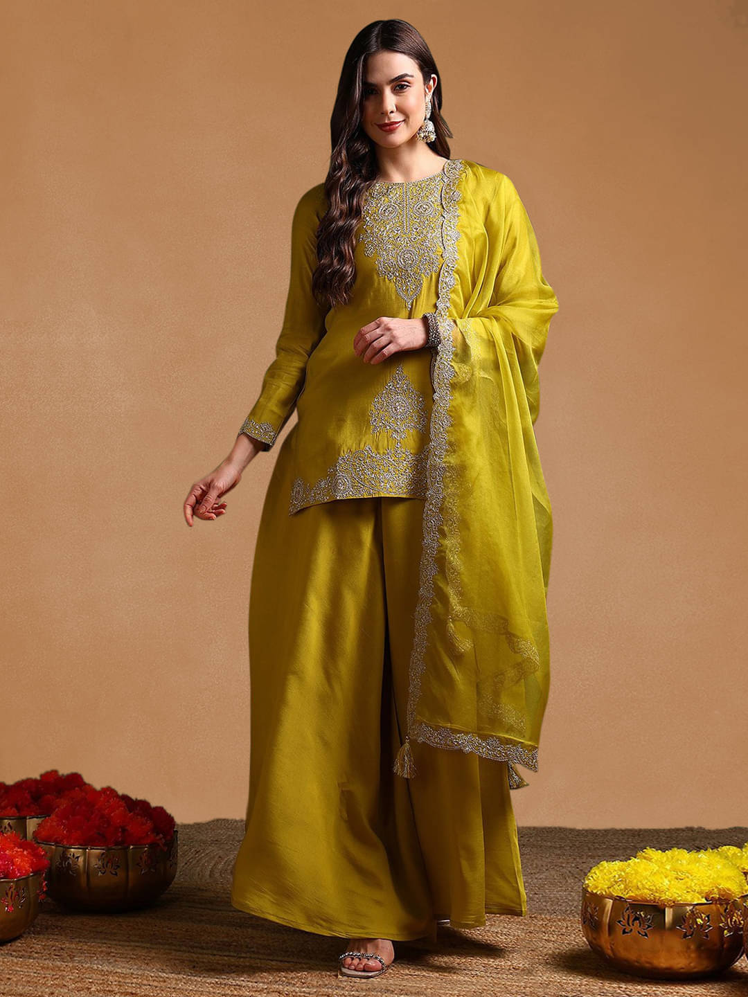     			Vaamsi Women Silk Blend Embellished Straight Kurti With Palazzo ( Lime Green )