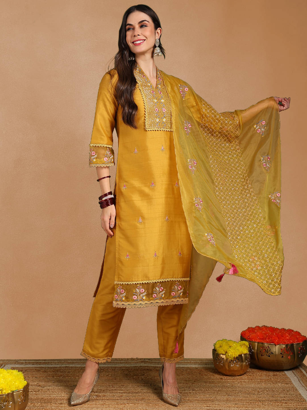 Vaamsi Women Silk Blend Embellished Straight Kurti With Pants ( Mustard )     			Vaamsi Women Silk Blend Embellished Straight Kurti With Pants ( Mustard )