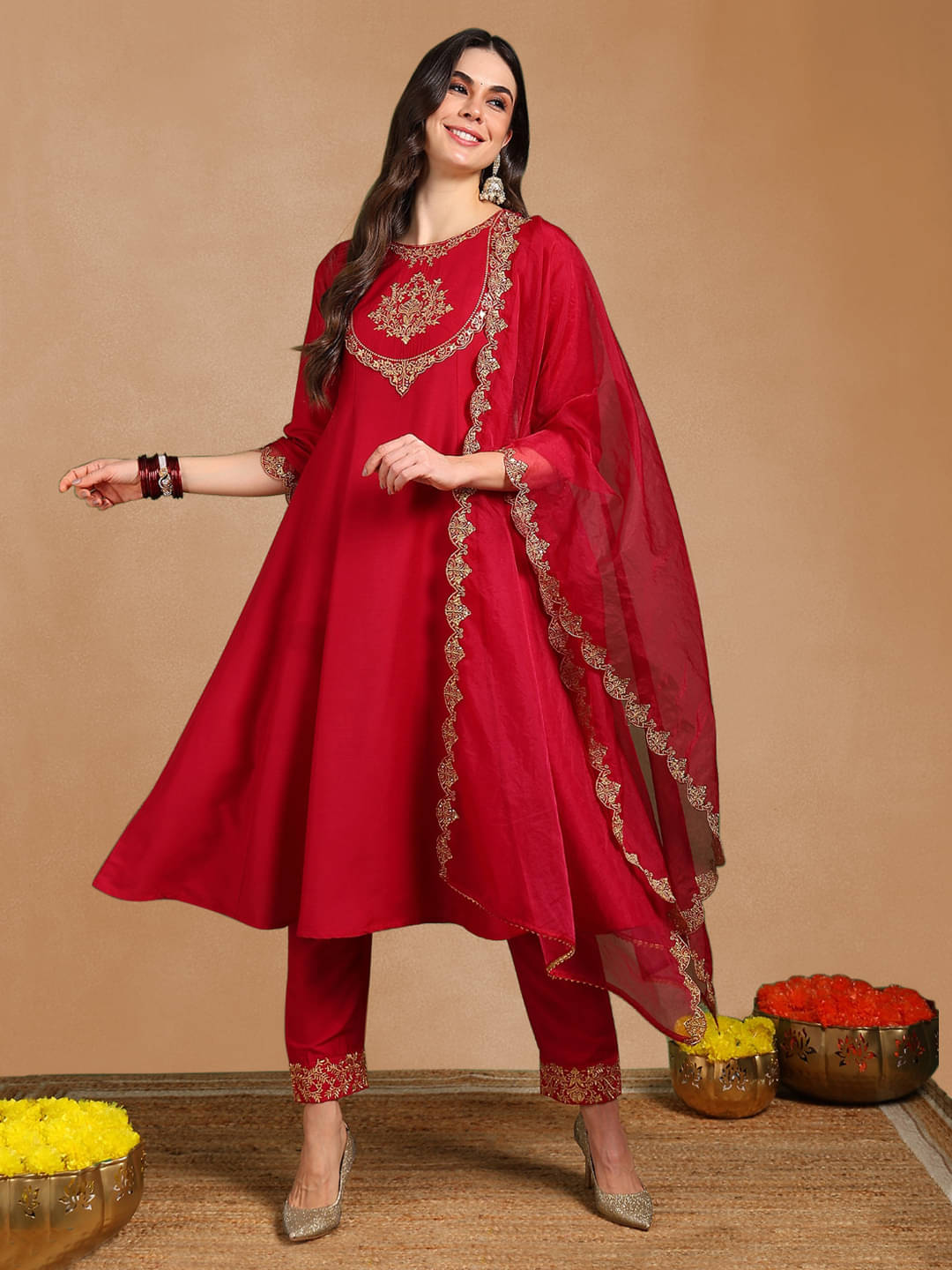     			Vaamsi Women Silk Blend Embroidered Anarkali Kurti With Pants ( Pink )