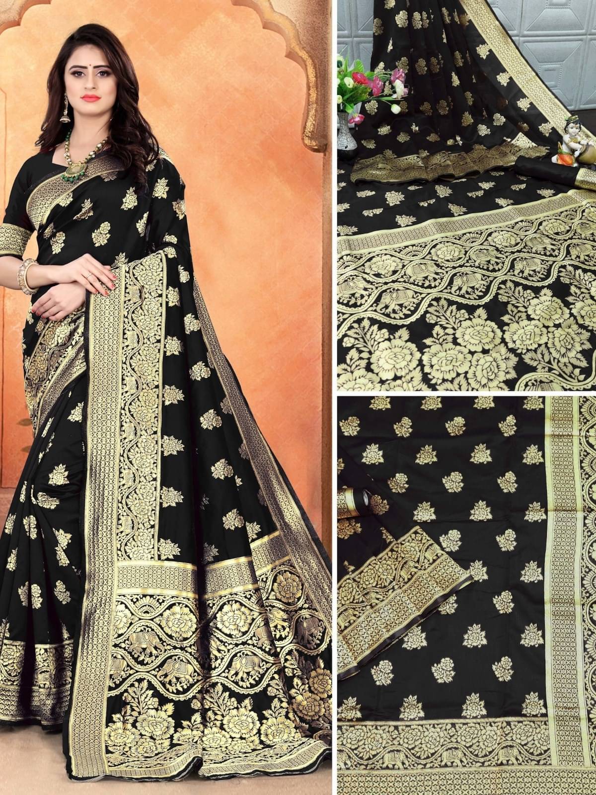 WOVEN STOCK Banarasi Silk Embellished Saree With Unstitched Blouse Piece ( Black ) WOVEN STOCK Banarasi Silk Embellished Saree With Unstitched Blouse Piece ( Black )