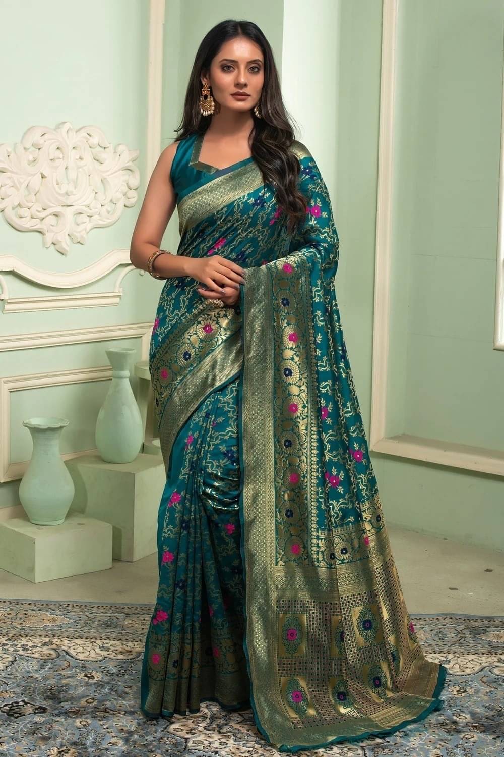WOVEN STOCK Banarasi Silk Printed Saree With Unstitched Blouse Piece ( Light Green )     			WOVEN STOCK Banarasi Silk Printed Saree With Unstitched Blouse Piece ( Light Green )