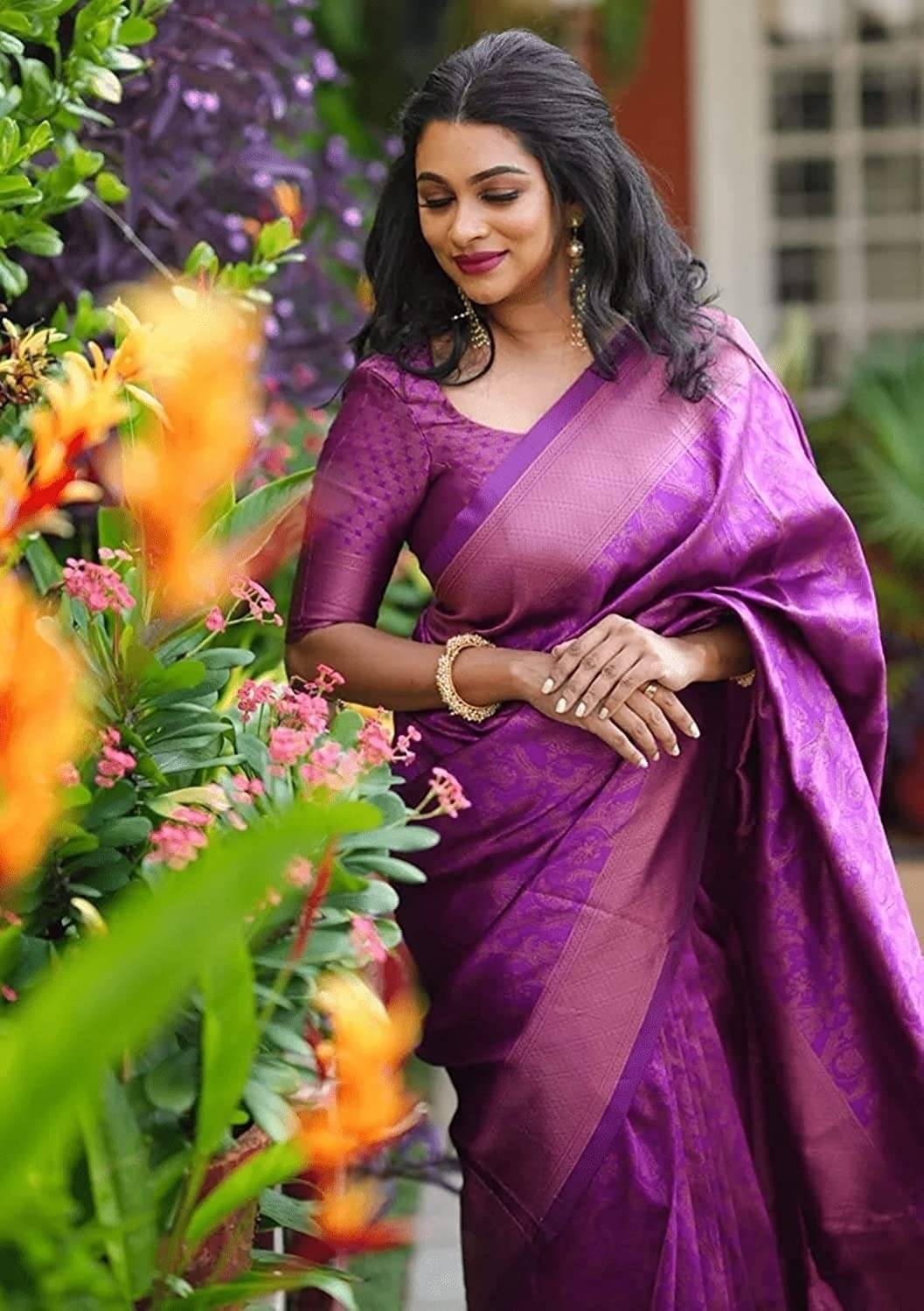     			WOVEN STOCK Banarasi Silk Printed Saree With Unstitched Blouse Piece ( Purple )
