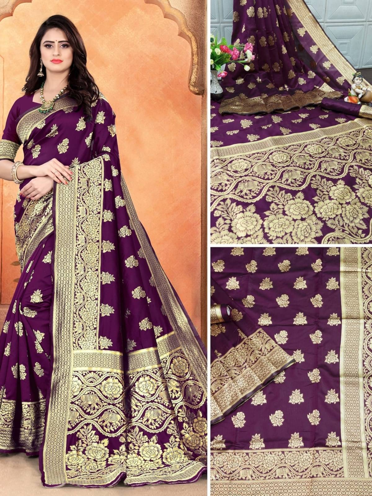 WOVEN STOCK Banarasi Silk Printed Saree With Unstitched Blouse Piece ( Purple ) WOVEN STOCK Banarasi Silk Printed Saree With Unstitched Blouse Piece ( Purple )
