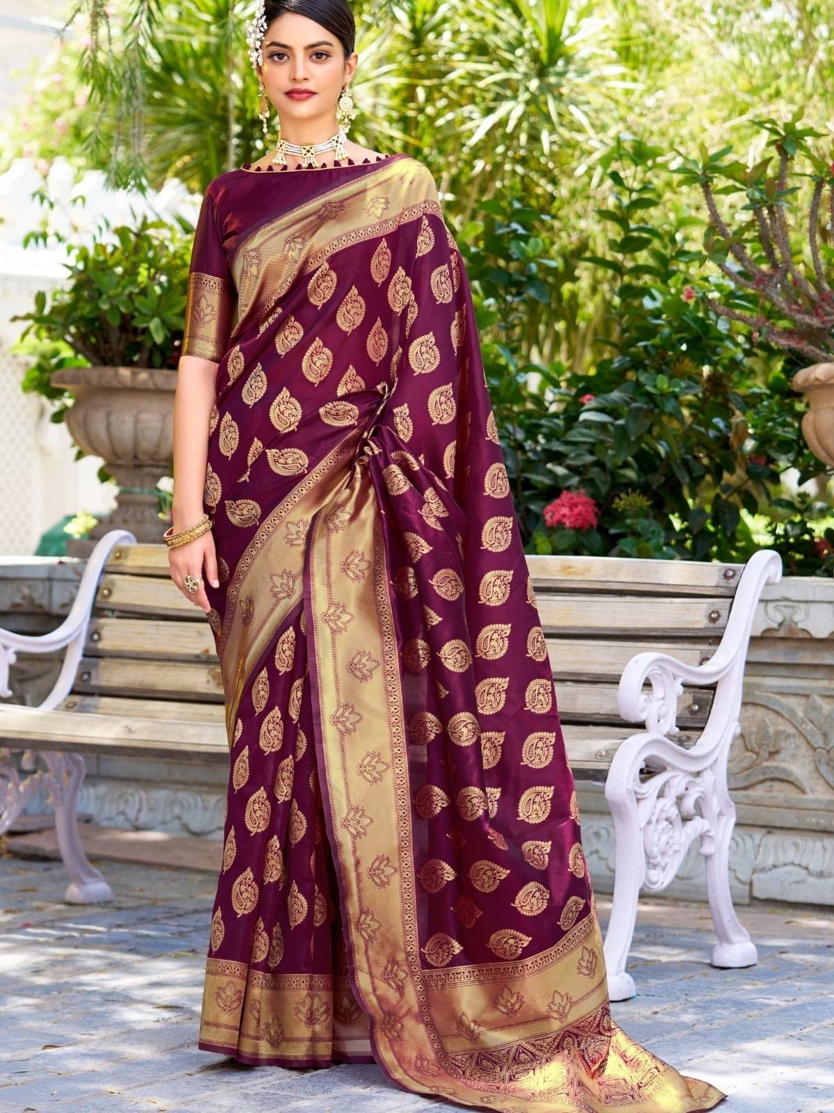     			WOVEN STOCK Banarasi Silk Printed Saree With Unstitched Blouse Piece ( Purple )