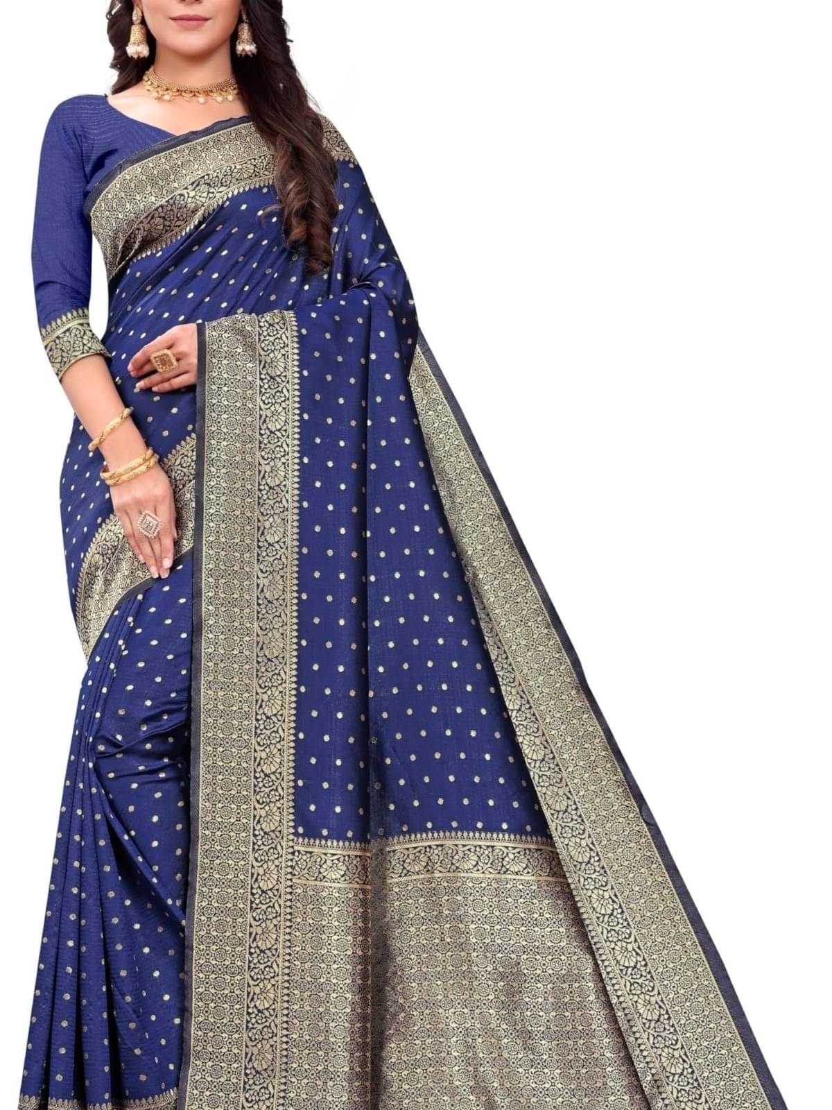 WOVEN STOCK Banarasi Silk Self Design Saree With Unstitched Blouse Piece ( Navy Blue ) WOVEN STOCK Banarasi Silk Self Design Saree With Unstitched Blouse Piece ( Navy Blue )