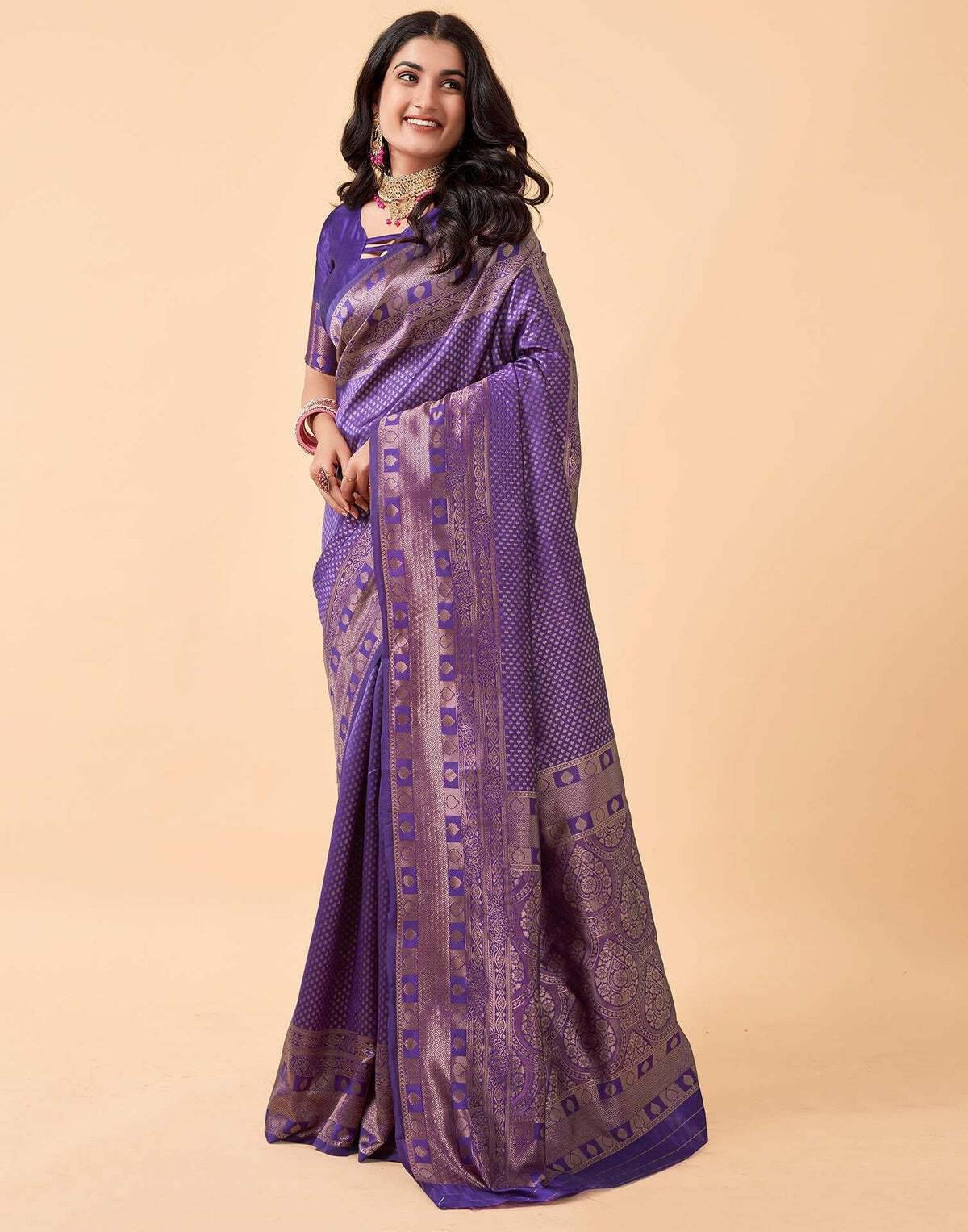     			WOVEN STOCK Banarasi Silk Self Design Saree With Unstitched Blouse Piece ( Purple )