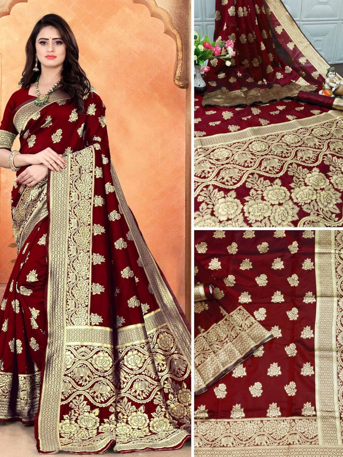     			WOVEN STOCK Banarasi Silk Woven Saree With Unstitched Blouse Piece ( Maroon )