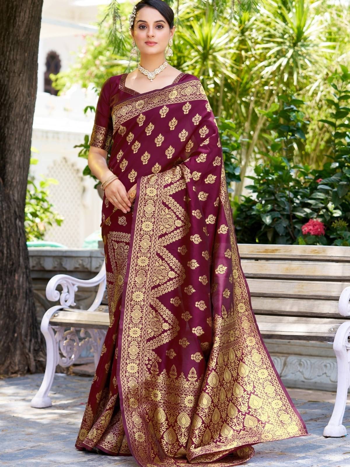     			WOVEN STOCK Banarasi Silk Woven Saree With Unstitched Blouse Piece ( Purple )