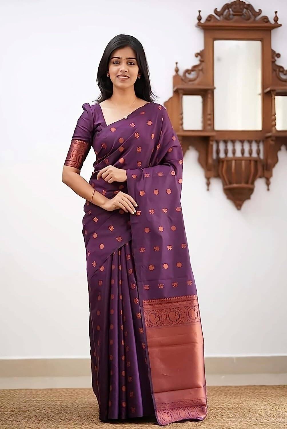 WOVEN STOCK Banarasi Silk Woven Saree With Unstitched Blouse Piece ( Purple ) WOVEN STOCK Banarasi Silk Woven Saree With Unstitched Blouse Piece ( Purple )
