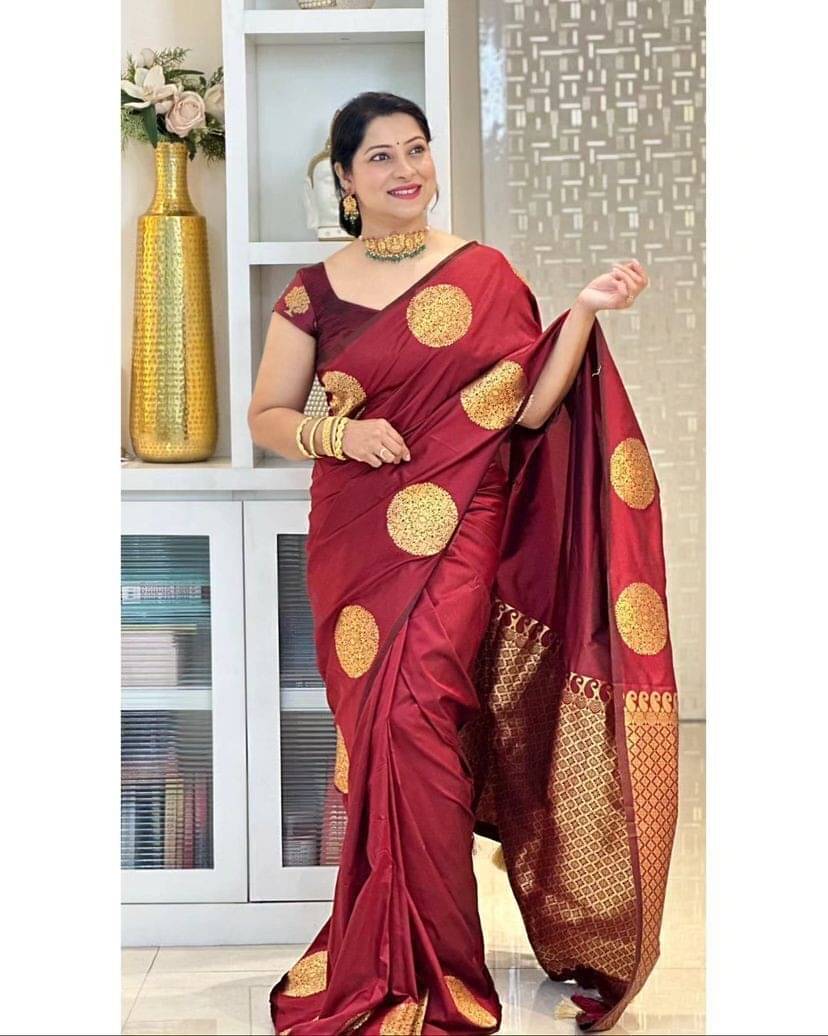 WOVEN STOCK Banarasi Silk Woven Saree With Unstitched Blouse Piece ( Maroon ) WOVEN STOCK Banarasi Silk Woven Saree With Unstitched Blouse Piece ( Maroon )