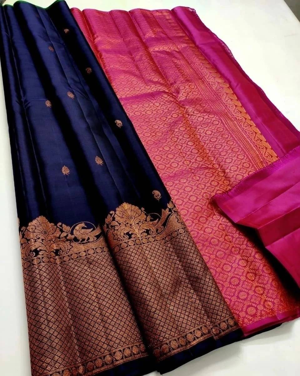     			WOVEN STOCK Banarasi Silk Woven Saree With Unstitched Blouse Piece ( Navy Blue )