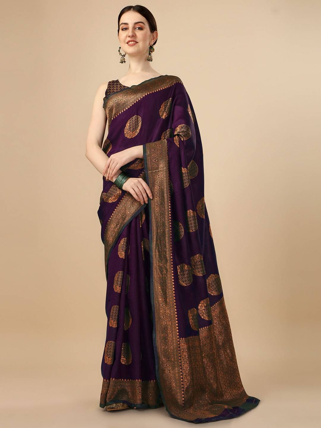 WOVEN STOCK Banarasi Silk Woven Saree With Unstitched Blouse Piece ( Purple )     			WOVEN STOCK Banarasi Silk Woven Saree With Unstitched Blouse Piece ( Purple )