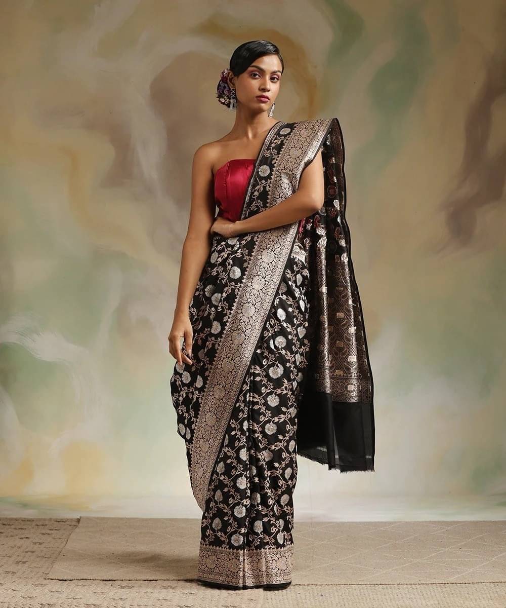 WOVEN STOCK Banarasi Silk Woven Saree With Unstitched Blouse Piece ( Black )     			WOVEN STOCK Banarasi Silk Woven Saree With Unstitched Blouse Piece ( Black )