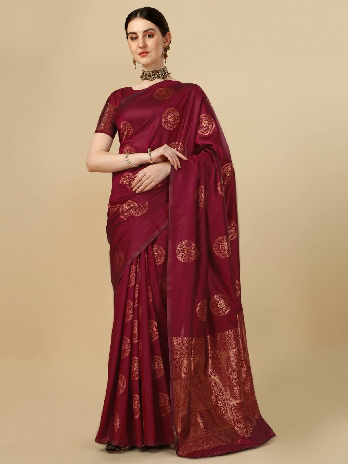 WOVEN STOCK Banarasi Silk Woven Saree With Unstitched Blouse Piece ( Maroon )     			WOVEN STOCK Banarasi Silk Woven Saree With Unstitched Blouse Piece ( Maroon )