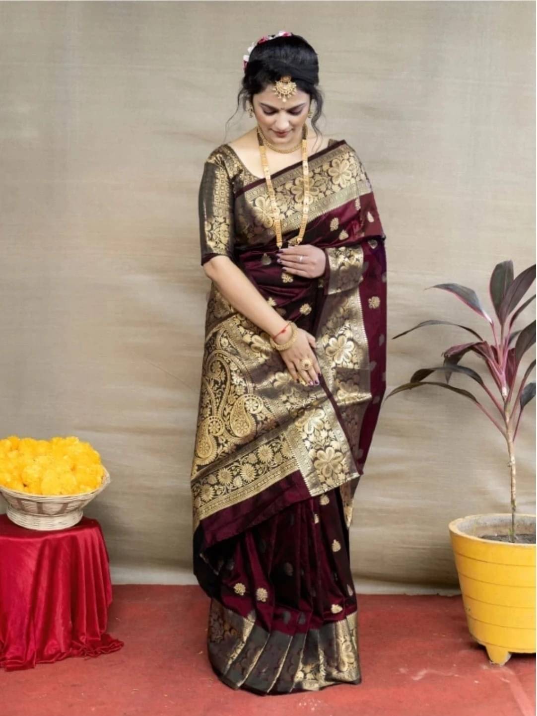 WOVEN STOCK Banarasi Silk Woven Saree With Unstitched Blouse Piece ( Maroon ) WOVEN STOCK Banarasi Silk Woven Saree With Unstitched Blouse Piece ( Maroon )