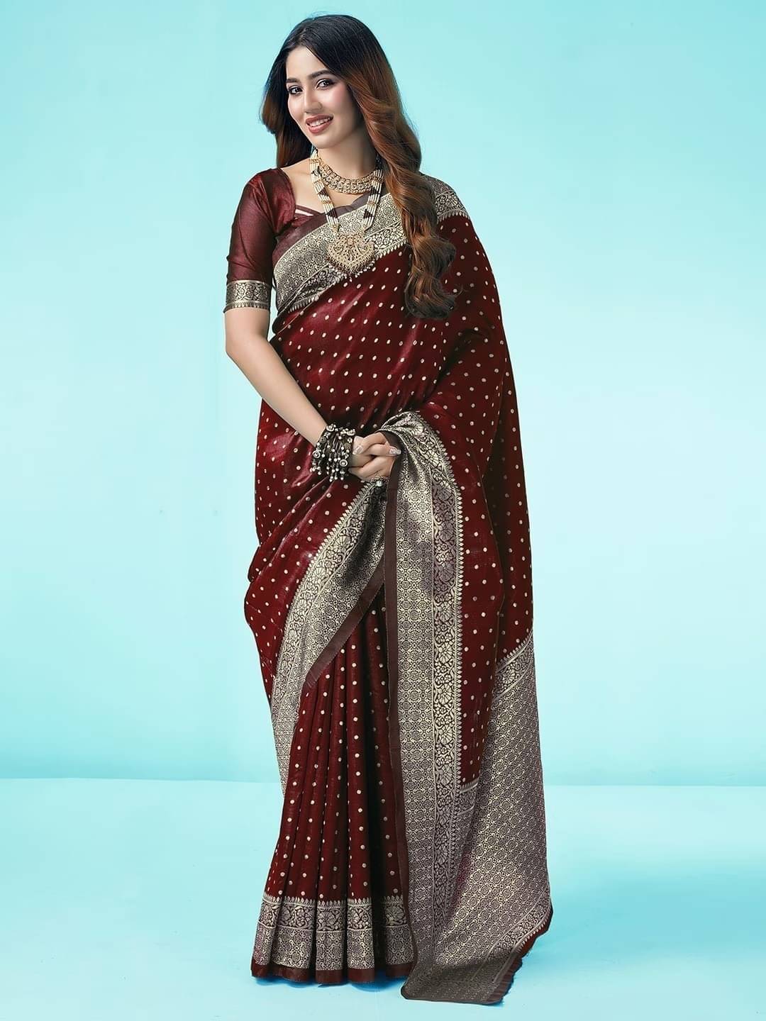WOVEN STOCK Banarasi Silk Woven Saree With Unstitched Blouse Piece ( Maroon ) WOVEN STOCK Banarasi Silk Woven Saree With Unstitched Blouse Piece ( Maroon )