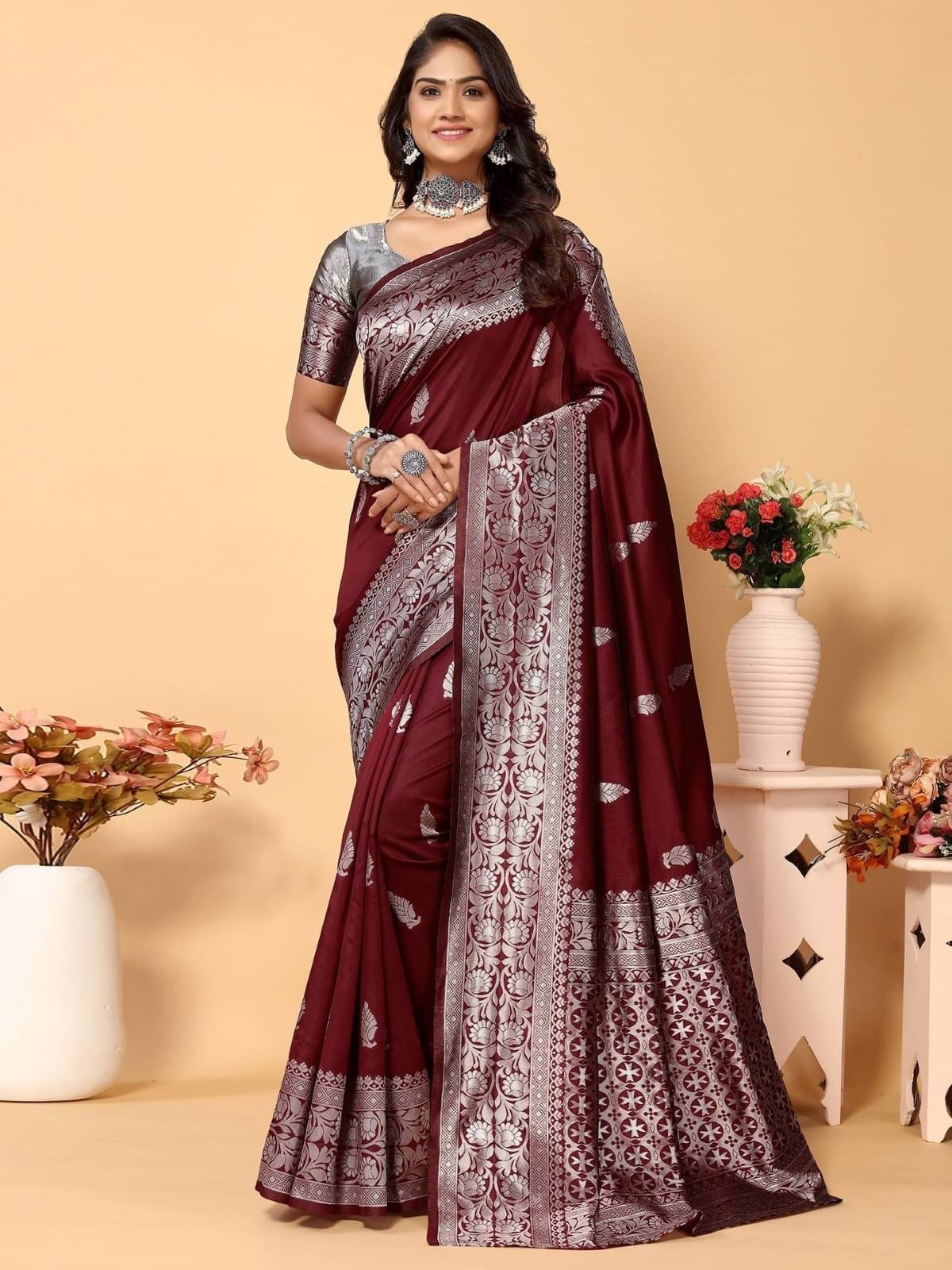     			WOVEN STOCK Banarasi Silk Woven Saree With Unstitched Blouse Piece ( Maroon )