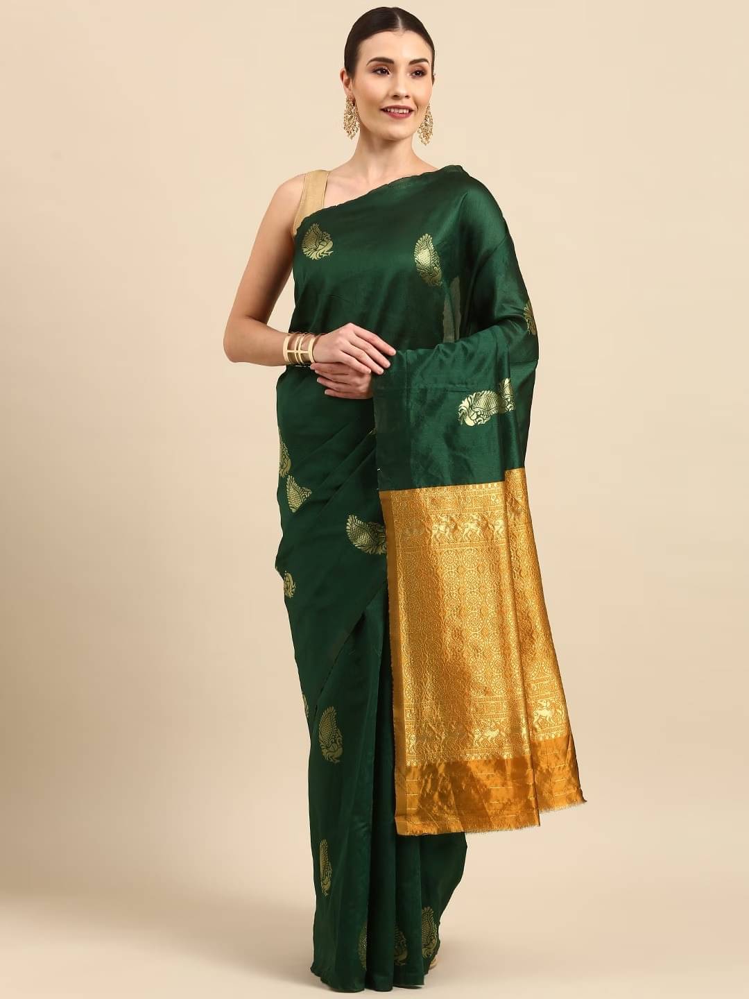 WOVEN STOCK Banarasi Silk Woven Saree With Unstitched Blouse Piece ( Green )     			WOVEN STOCK Banarasi Silk Woven Saree With Unstitched Blouse Piece ( Green )