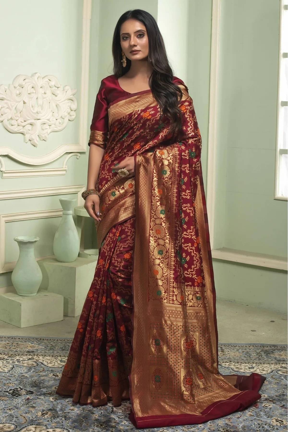     			WOVEN STOCK Banarasi Silk Woven Saree With Unstitched Blouse Piece ( Maroon )