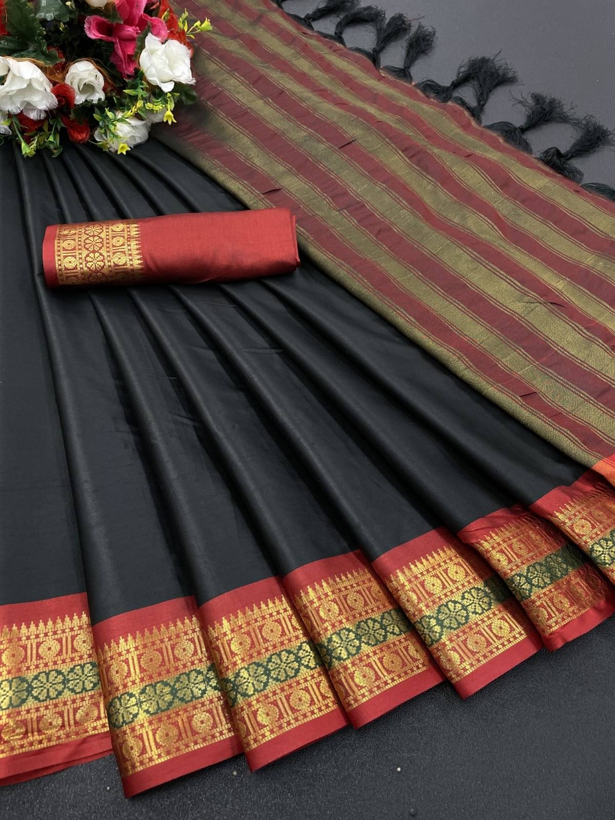WOVEN STOCK Banarasi Silk Woven Saree With Unstitched Blouse Piece ( Black ) WOVEN STOCK Banarasi Silk Woven Saree With Unstitched Blouse Piece ( Black )