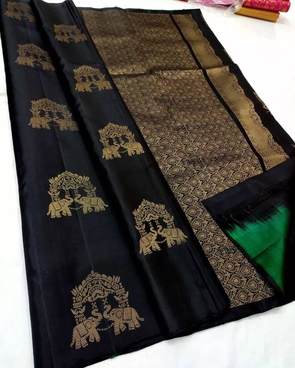     			WOVEN STOCK Banarasi Silk Woven Saree With Unstitched Blouse Piece ( Black )