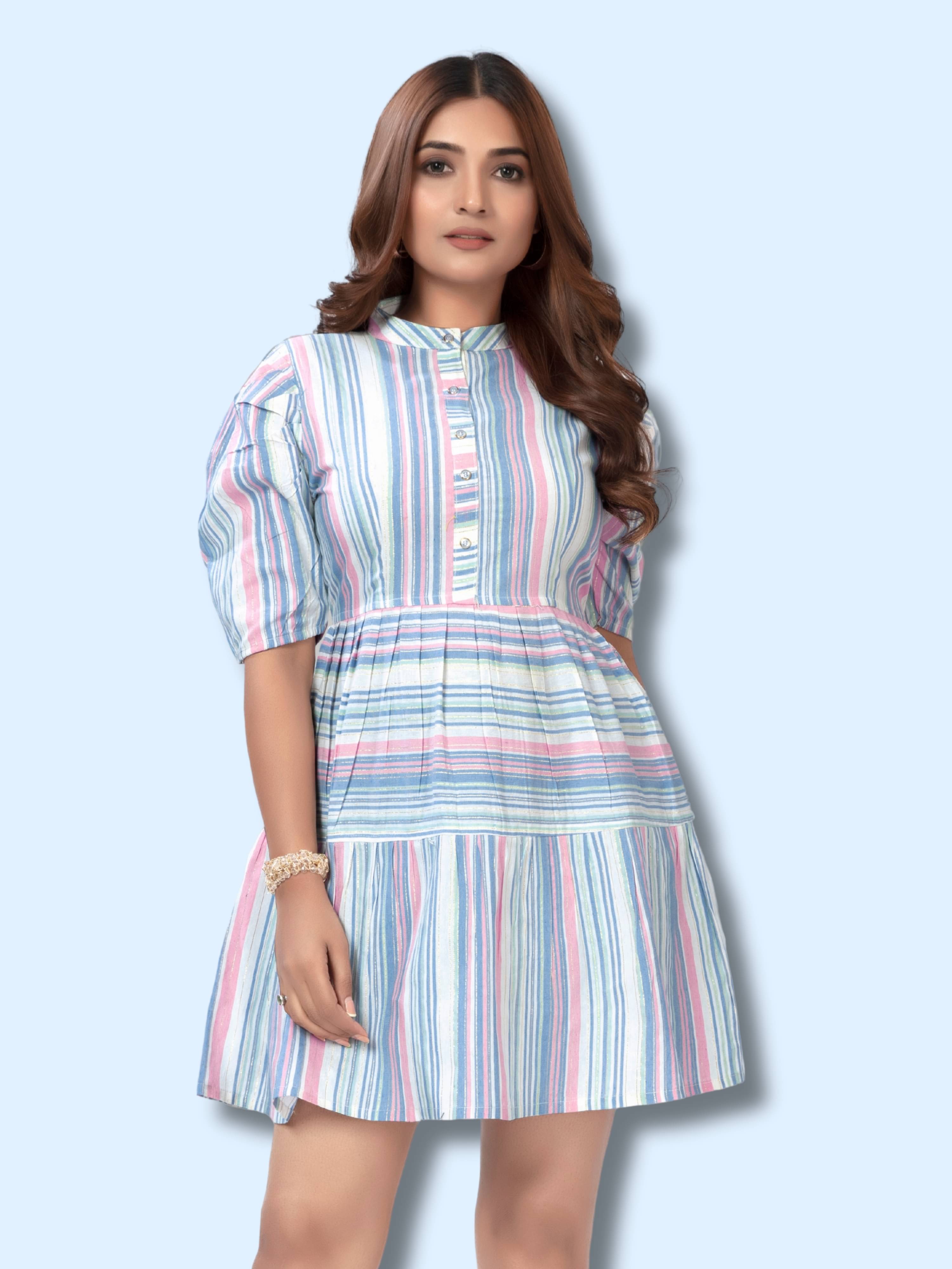     			ZELZIS Women Cotton Blend Striped Fit & Flare Dress ( Blue )