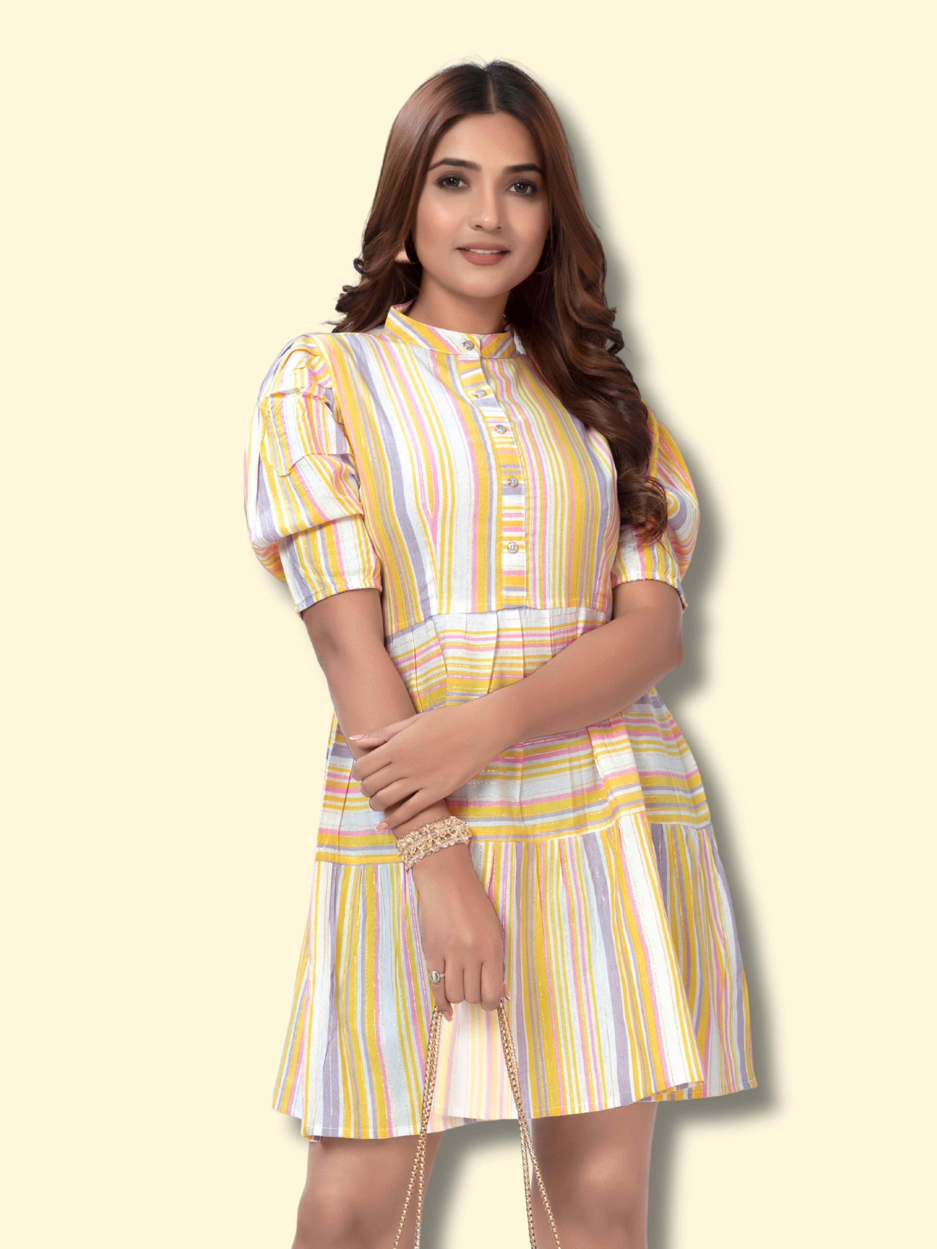     			ZELZIS Women Cotton Blend Striped Fit & Flare Dress ( Yellow )