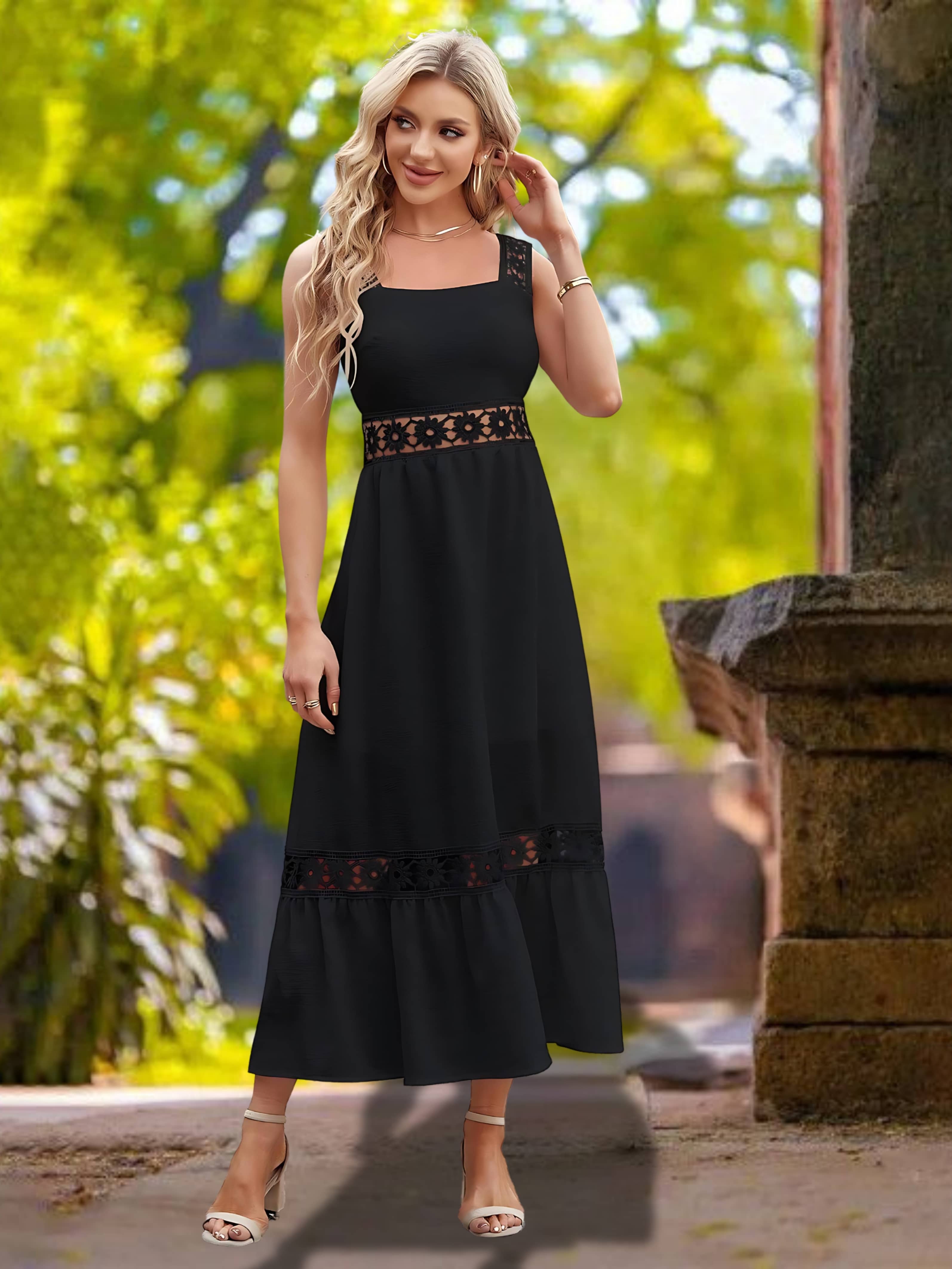 ZELZIS Women Crepe Crochet Maxi ( Black )