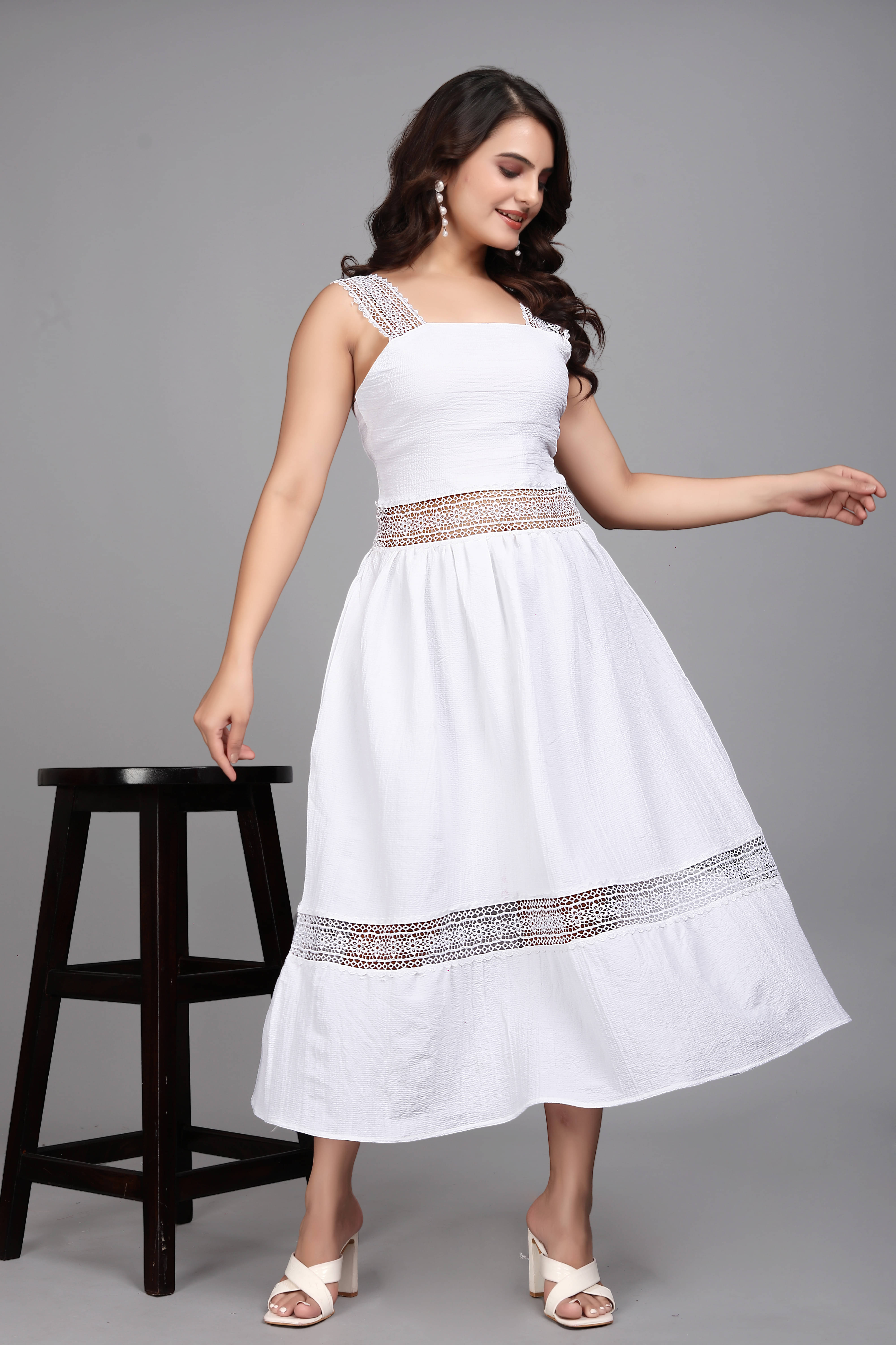     			ZELZIS Women Crepe Crochet Maxi ( White )