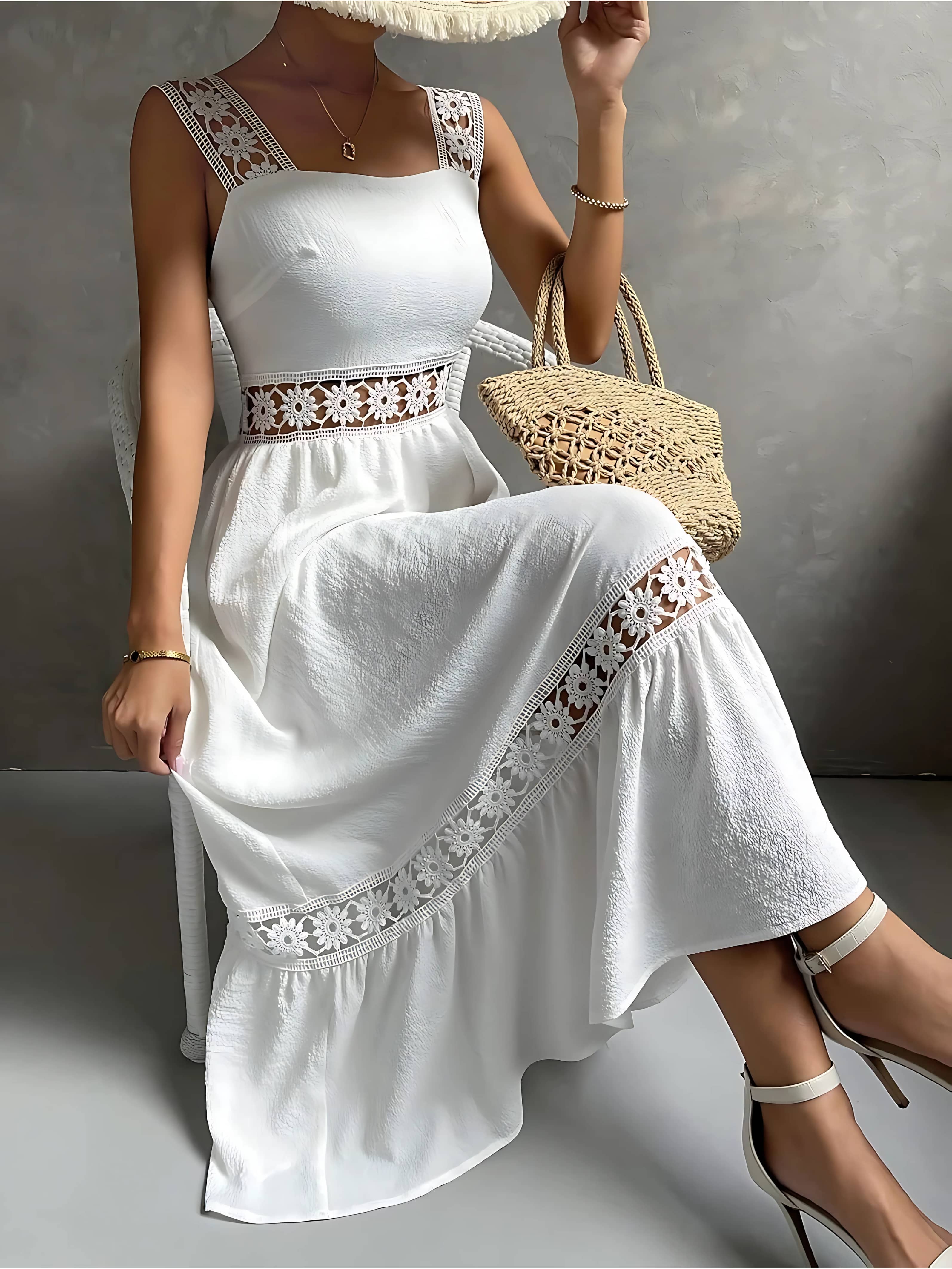 ZELZIS Women Crepe Crochet Maxi ( White )
